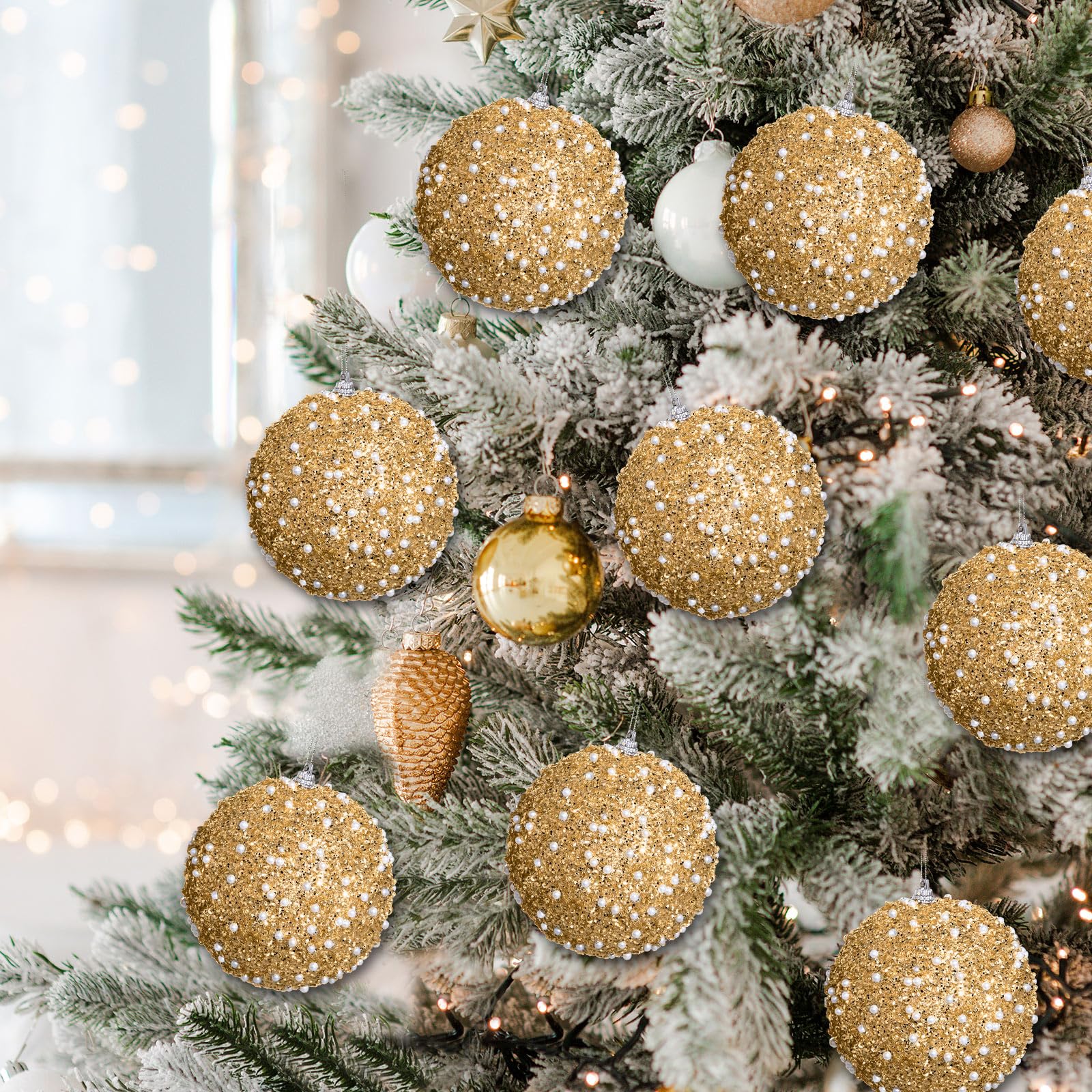 Lyrow Juego de 24 adornos de bolas de Navidad con purpurina de 4 pulgadas, bolas de Navidad a granel, adorno colgante de espuma de lentejuelas para árbol del hogar, boda, decoración de fiesta de