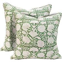 ATOSII Cotton Blockprint Throw Pillow Cover, Jade, Set of 2, 18 X 18