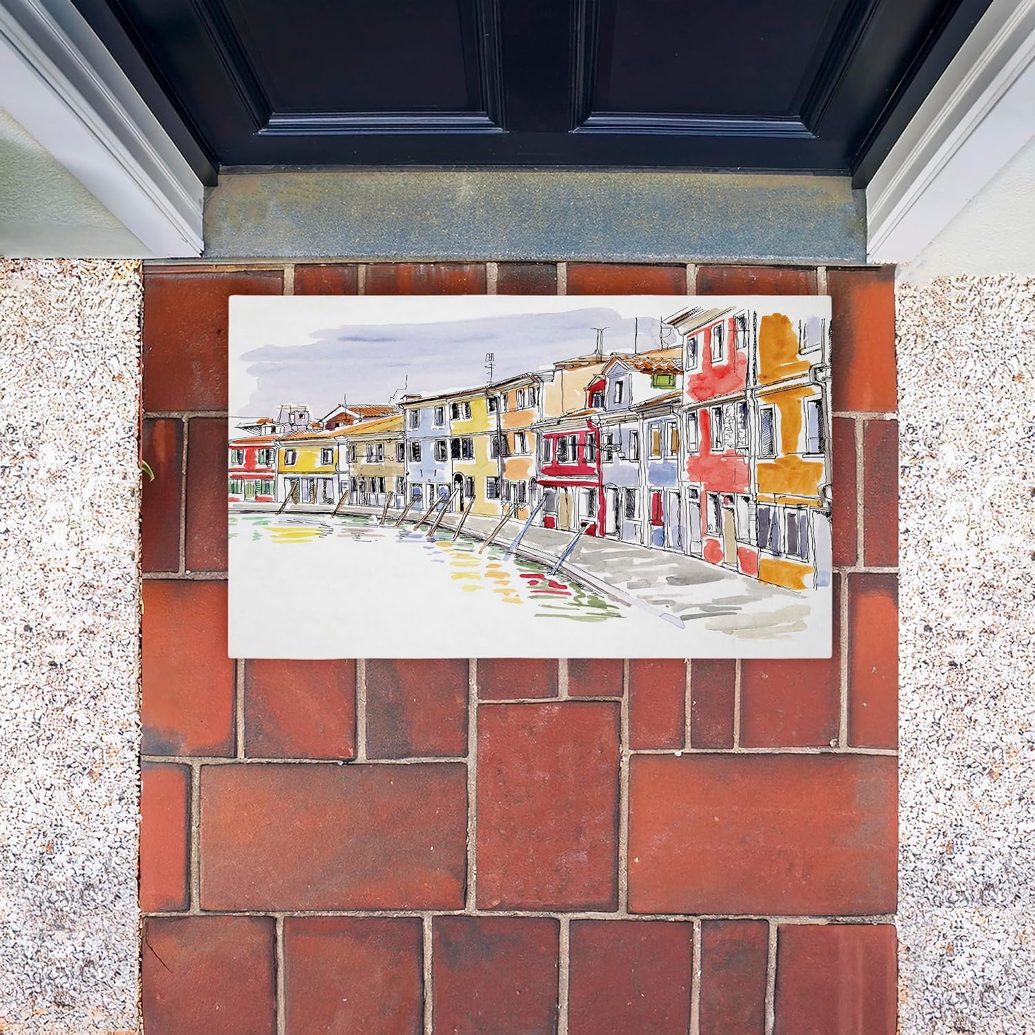 Stupell Industries Quaint Coastal Town Buildings Outdoor Door Mat, Durable Non-Slip Unwoven Mat with Recycled Rubber Backing, Weather-Resistant Seaside Village Design by Tim Coffey, 18"x30"