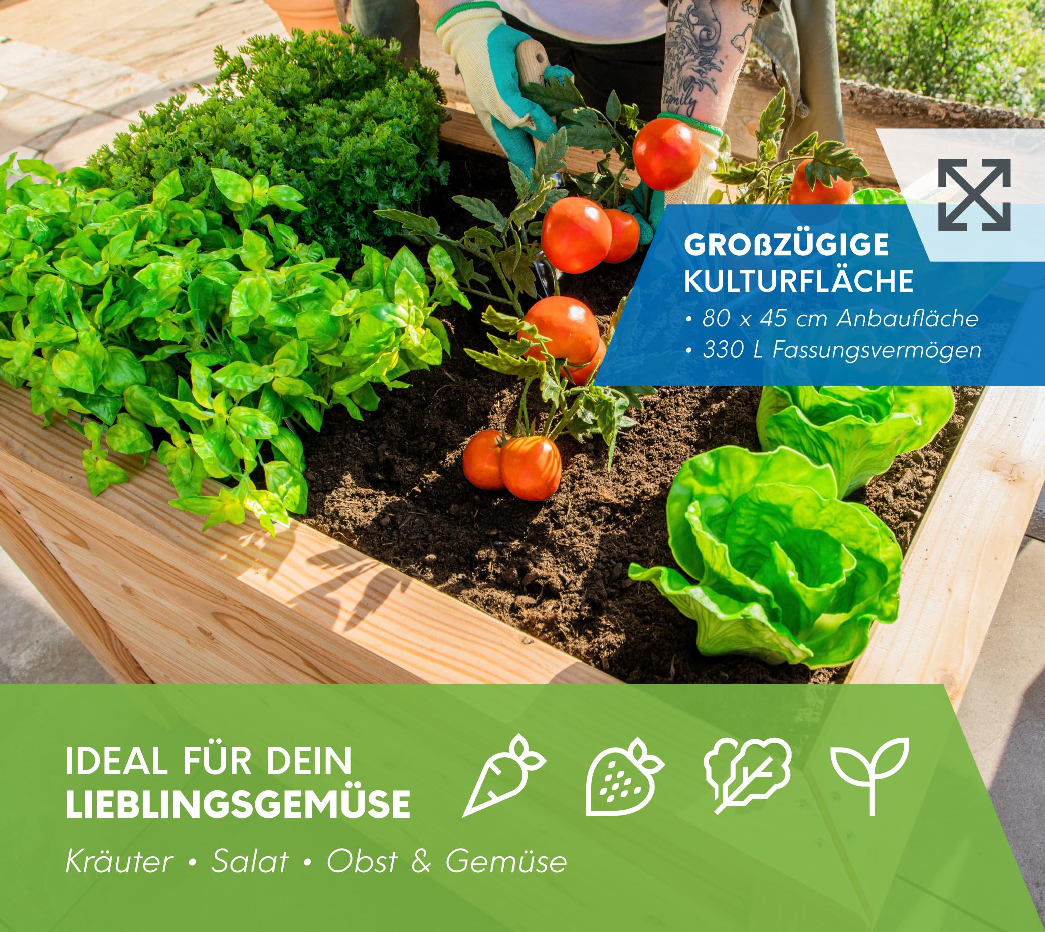 WESTMANN Hochbeet aus Lärchenholz inkl. Aussaatkalender | 100x65x66 cm Natur | Kräuterbeet für den Außenbereich | Holzhochbeet zum Bepflanzen von Gemüse & Kräutern