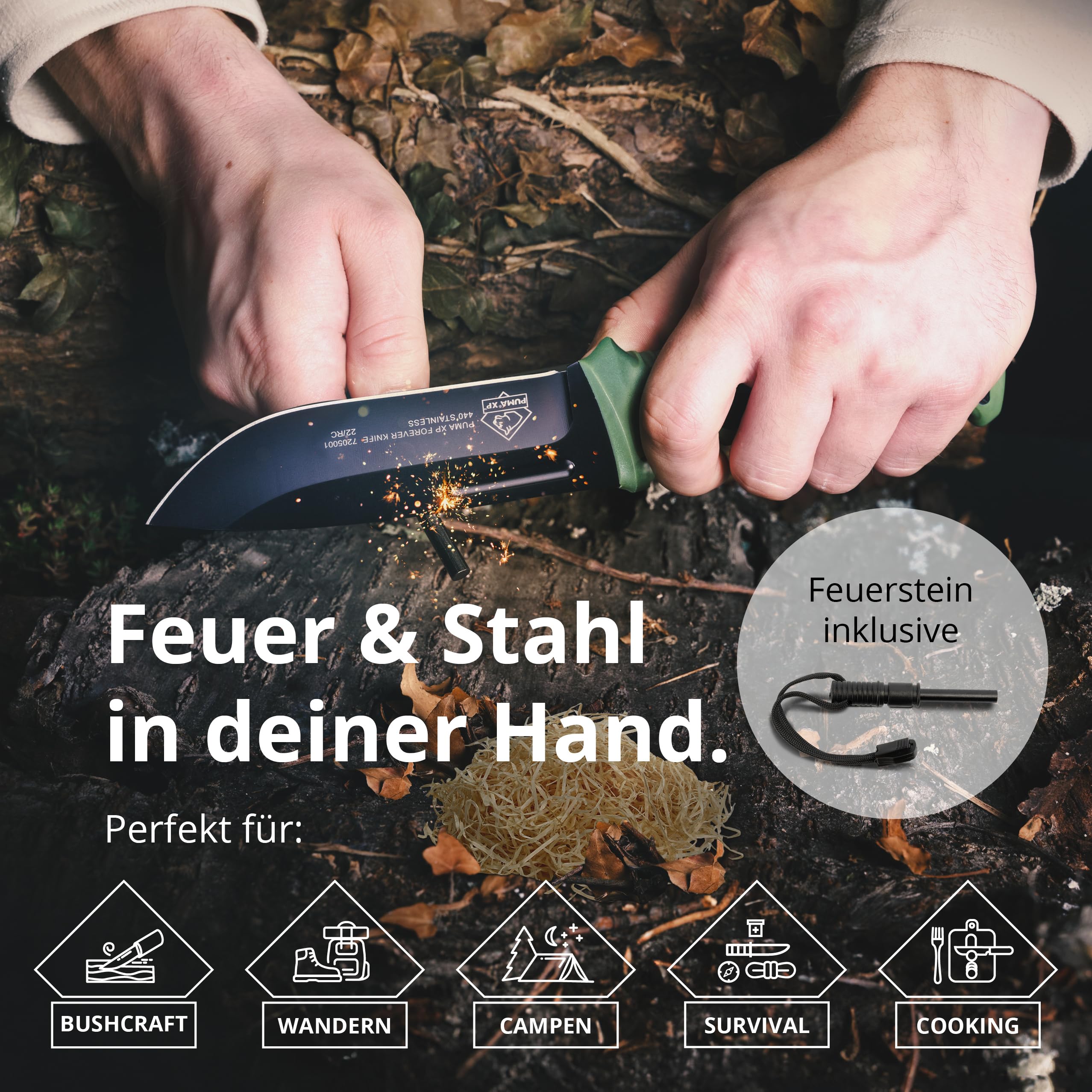 PUMA XP – Forever Knife - Feststehendes Gürtelmesser in Grün - 123mm Klinge aus 440er Stahl (55-57 HRC) - Mit robuster Kunststoffscheide - Für Outdoor, Survival, Jagd & Camping (Art.Nr.: 7205001)
