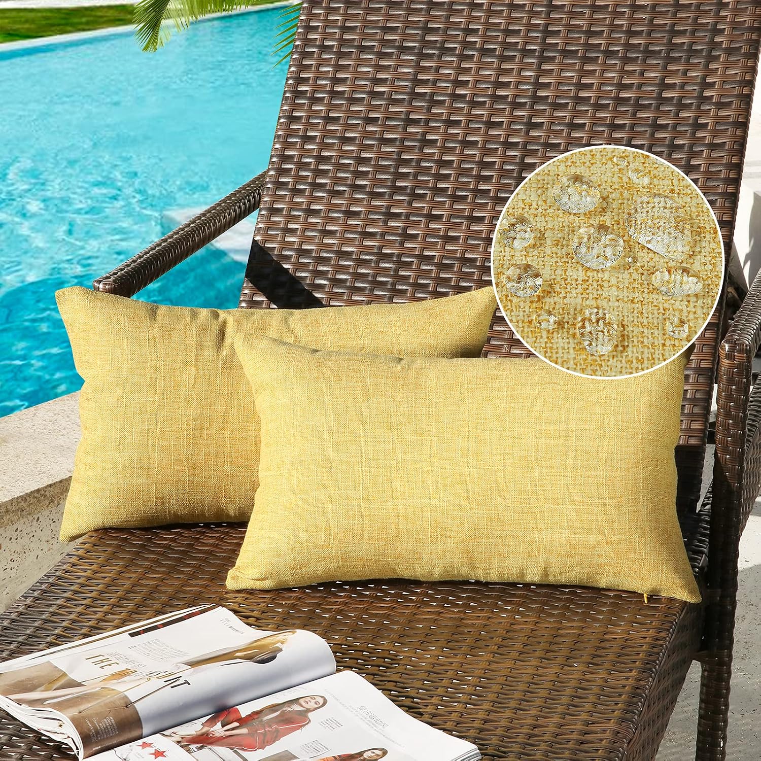 Simmore Yellow Outdoor Waterproof Lumbar Pillow Covers 12x20 Inch Set of 2, Linen Decorative Throw Pillow Covers for Patio