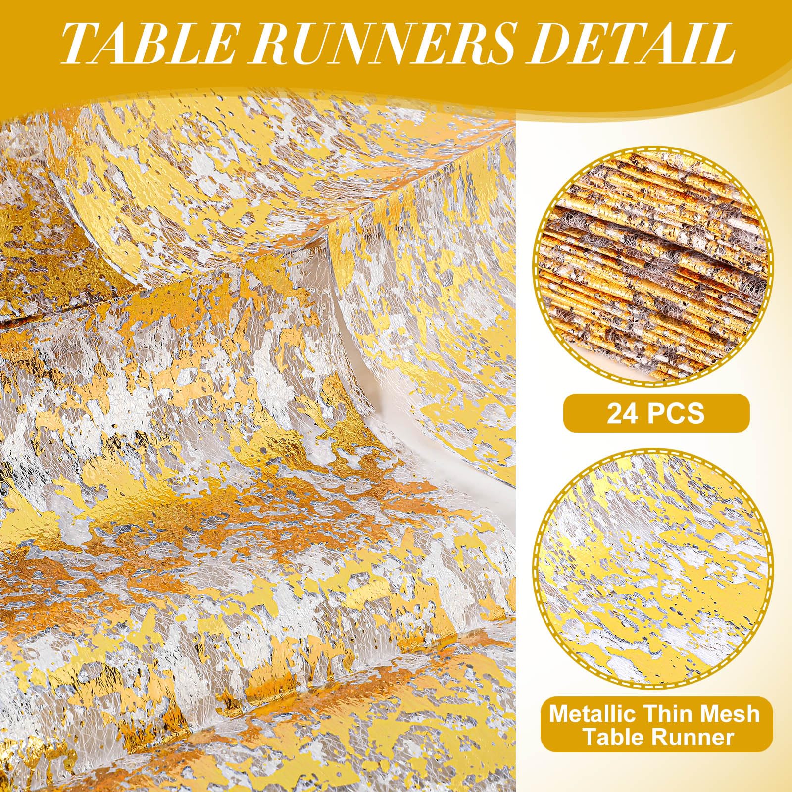 Newwiee 24 caminos de mesa metálicos delgados de 11 x 79 pulgadas, tela de malla con purpurina, manteles rectangulares de mesa de comedor, decoración para boda y cumpleaños (dorado)