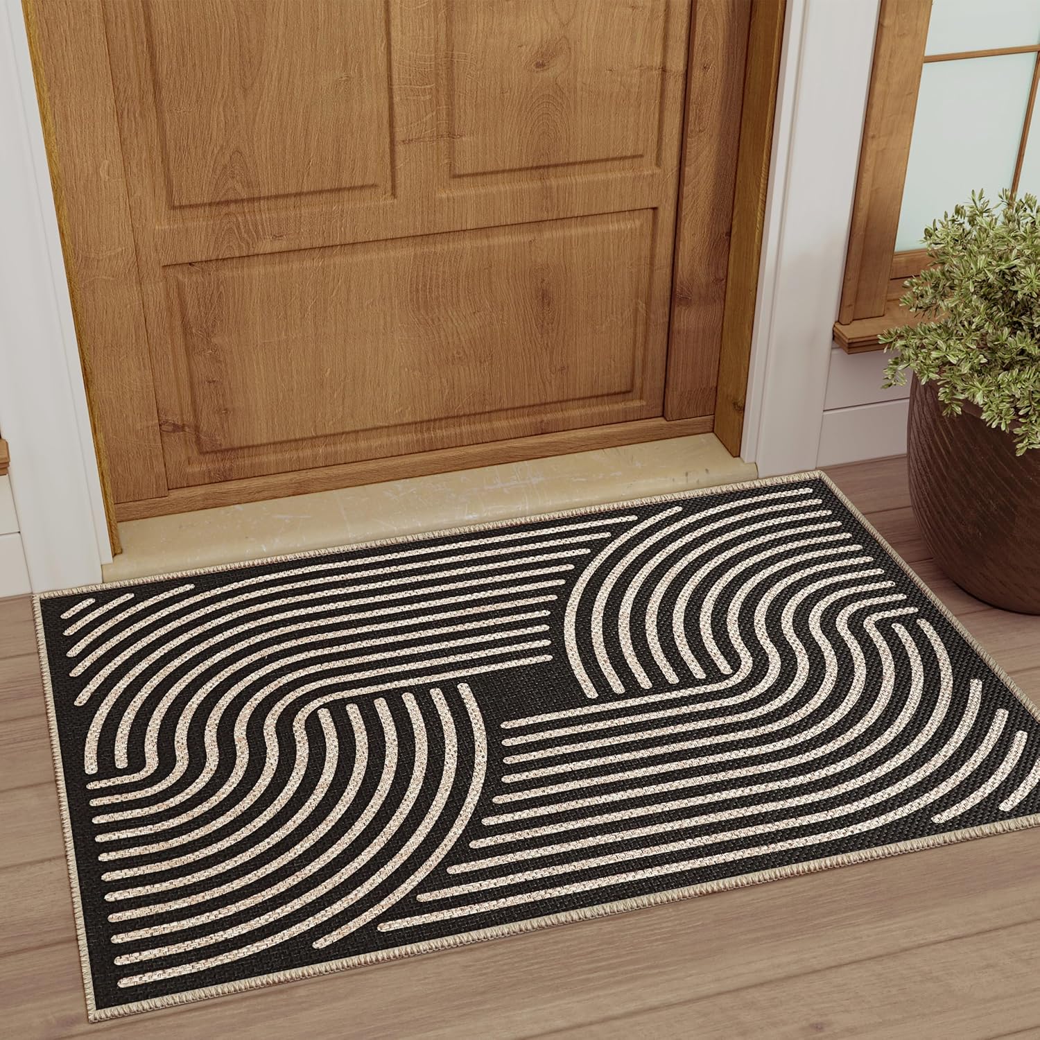 Easy Jute Area Rug - 3x5 Machine Washable Boho Low Pile Carpet for Living Room Bedroom Patio, Black