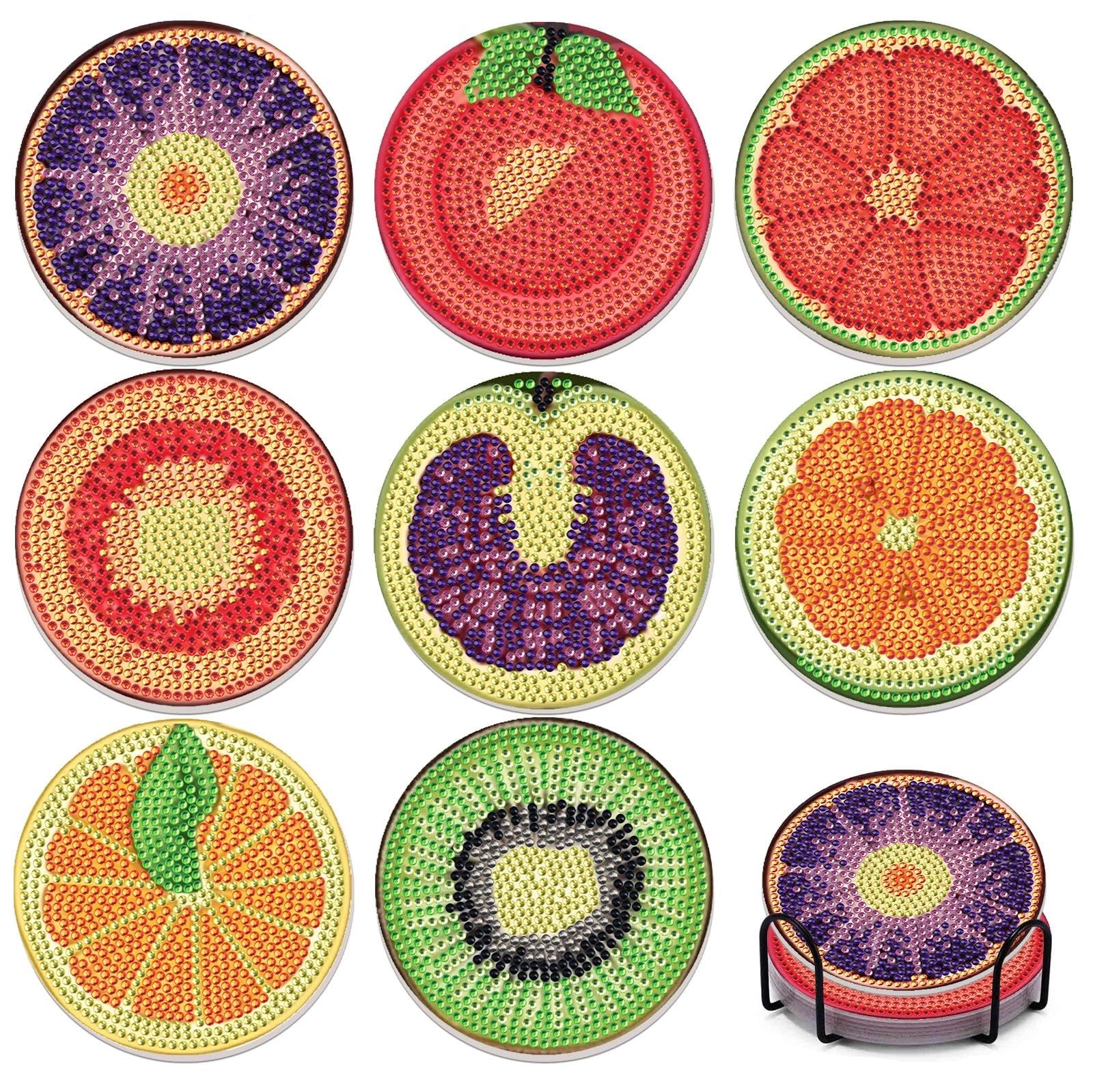 JATOK 8 Pcs Diamond Art Coasters Kits with Holder for Adults, Fruit Diamond Painting Coasters Kit for Adults Beginners, DIY Gem Set Crafts for Supplies Gift.