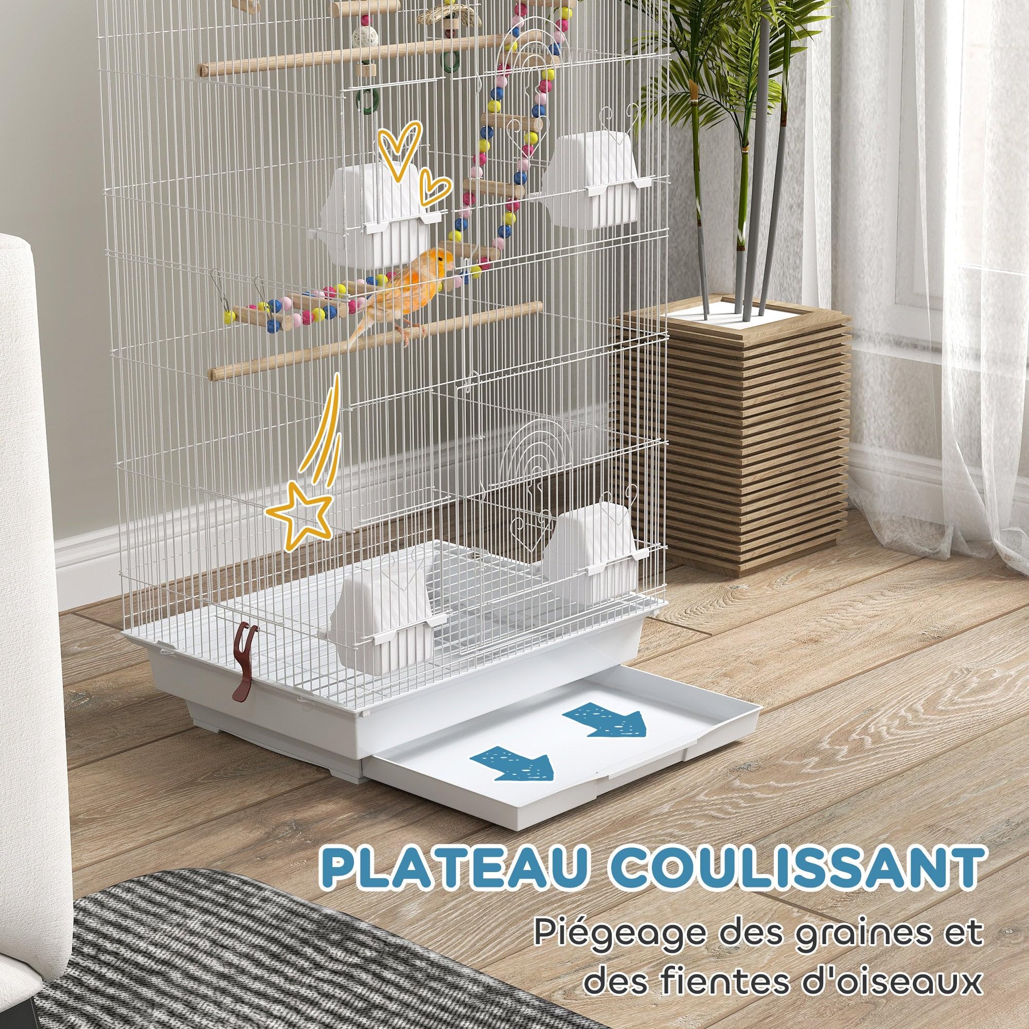 Jaula para pájaros interior práctica 46 x 36 x 100 cm Bandeja corrediza perchas estilo contemporáneo de alambre de acero blanco 21_0007578