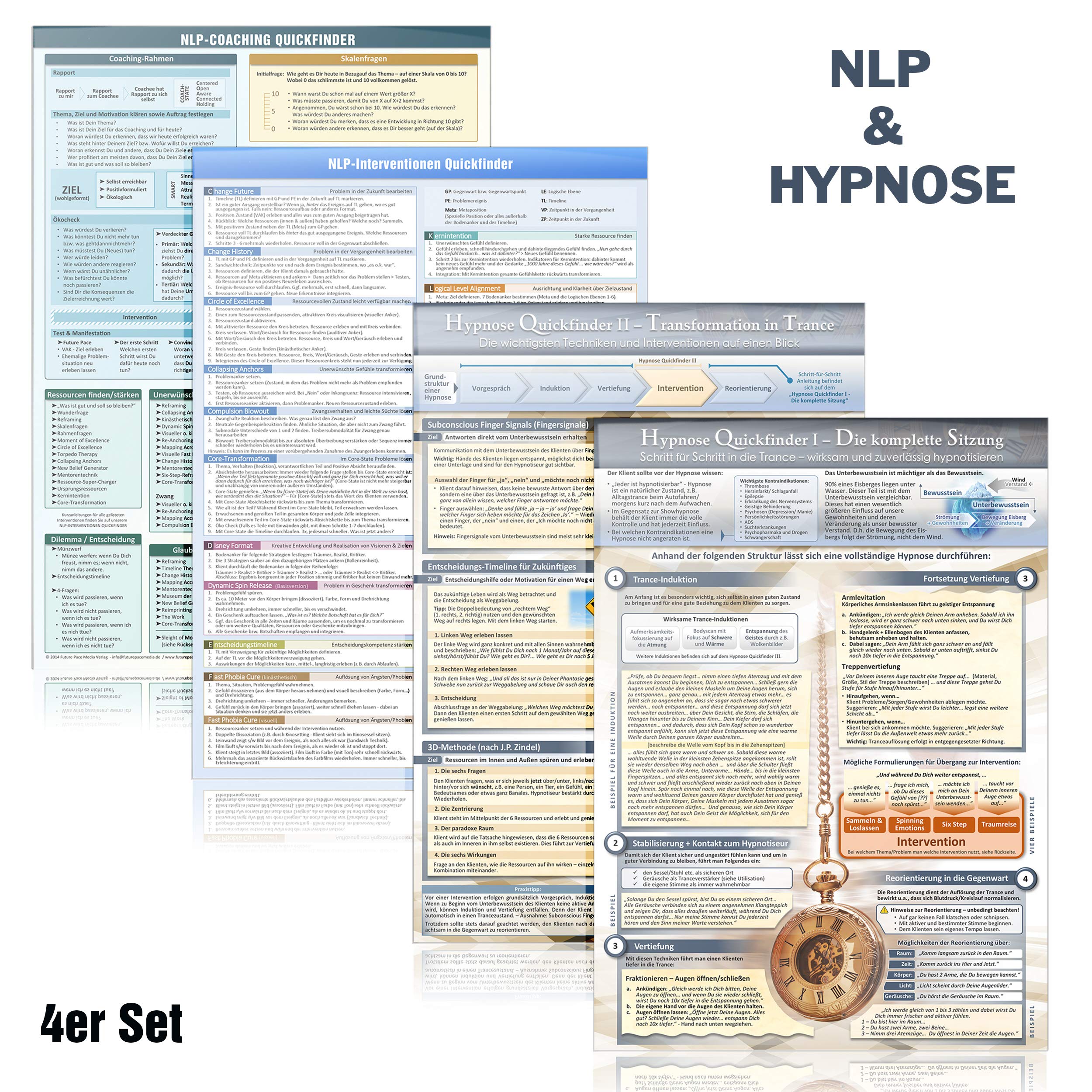 [4er-Set] Das NLP & Hypnose Lern- und Wissenskartenset (2018): -NLP Coaching + 33 NLP Interventionen + Hypnose I - Die komplette Sitzung + Hypnose II ... komplette Sitzung – 4teilig, DINA4, laminiert