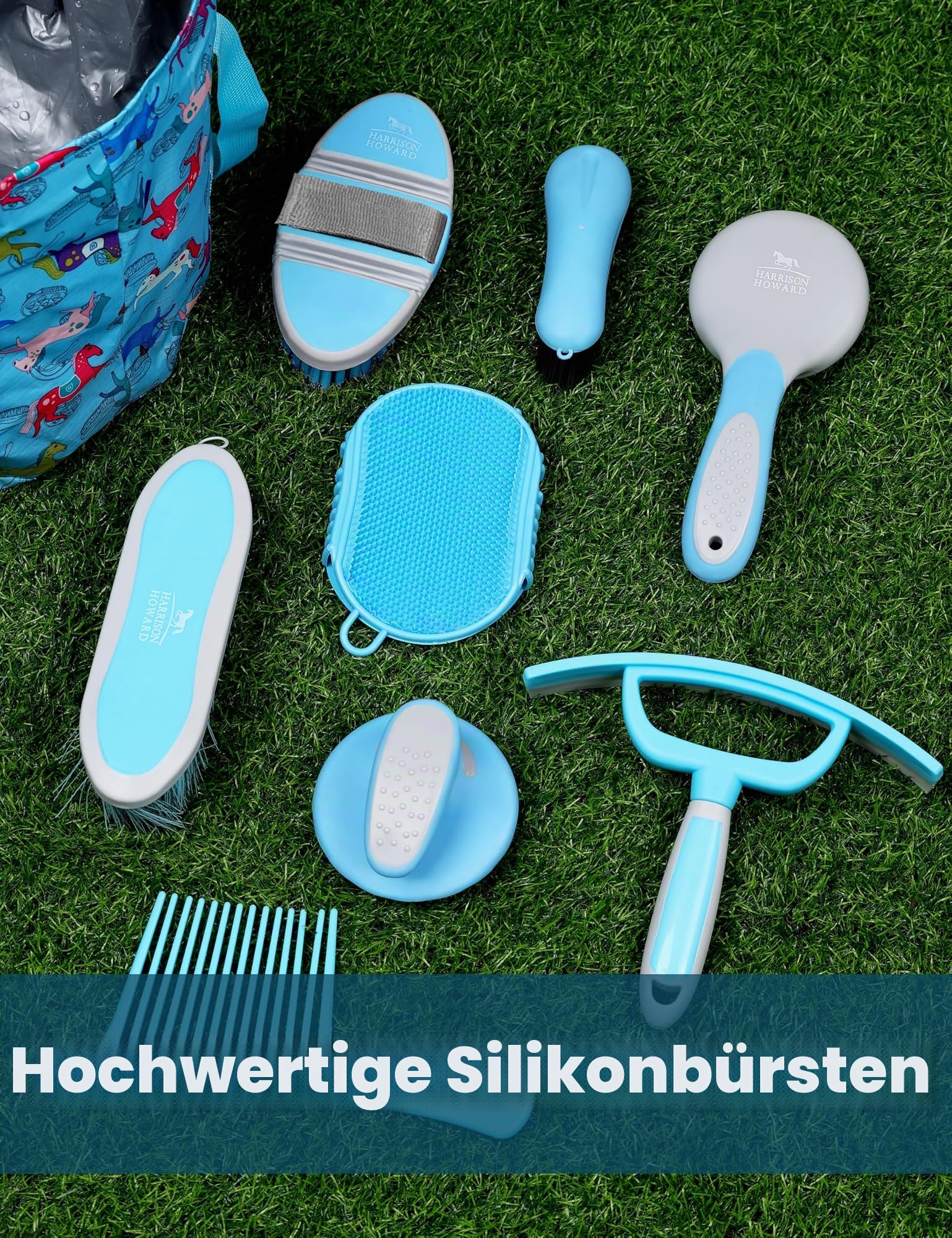 Harrison Howard Pferdepflegeset 11-teilige Pferdepflegeserie Pferdebürsten-Sets mit Organizer Tragetasche Sattelkammer Zubehör Haarausfall Körperpflege Massagewerkzeuge Blaue Pinselstriche Ponys