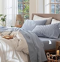 Vista 31 de MooMee – Juego de sábanas Gingham 100% algodón lavado con textura parecida al lino transpirable suave con bolsillo elástico de 16-19" de profundidad