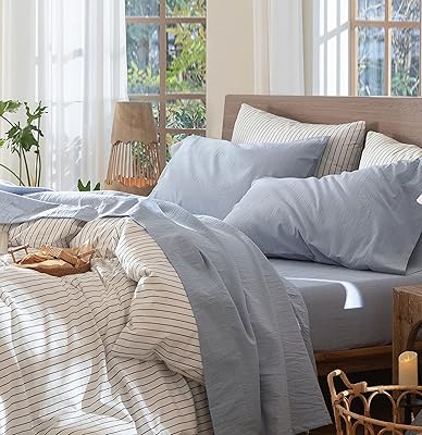 MooMee Bedding Duvet Cover Set 100% Washed Cotton Linen Like Textured Breathable Durable Soft Comfy (Heathered Cornflower Blue, Queen 90"x90")