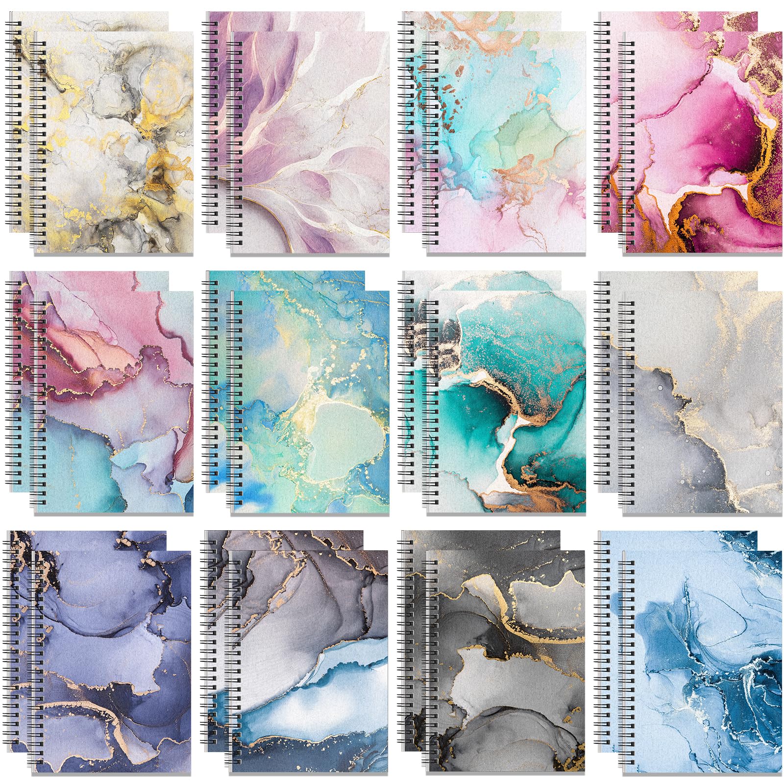 Fuutreo 24 Pcs Spiral Notebook for Work A5 8.3 x 5.7 Inch College Ruled Spiral Journal Notebook Kraft Cover, 12 Color, 60 Sheets, 120 Pages for Office School Supplies(Innovative,Marble)