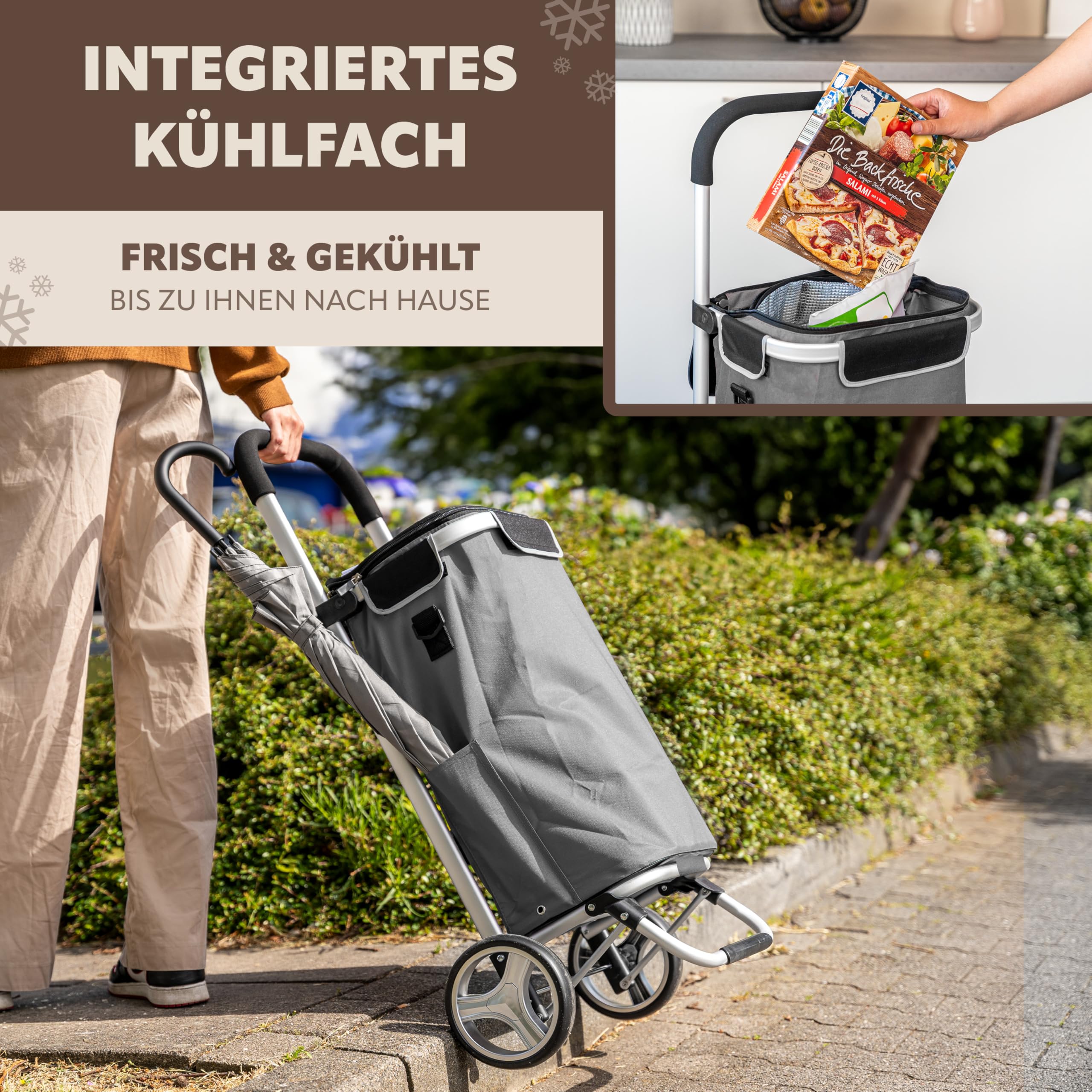 bremermann Einkaufstrolley BRINKUM - 45 L Kapazität, Faltbarer Einkaufswagen, mit Abnehmbarer Tasche inkl. Kühlfach, Einkaufschip, Einkaufswagenhalterung und Reflektorstreifen (Grau)