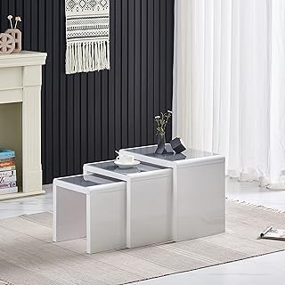 Nest of 3 Tables High Gloss White Finish with Grey Tempered Glass Top Multi-Functional Nesting Tables Coffee Table Set Bedside Tables for Living Room, Home (Grey)