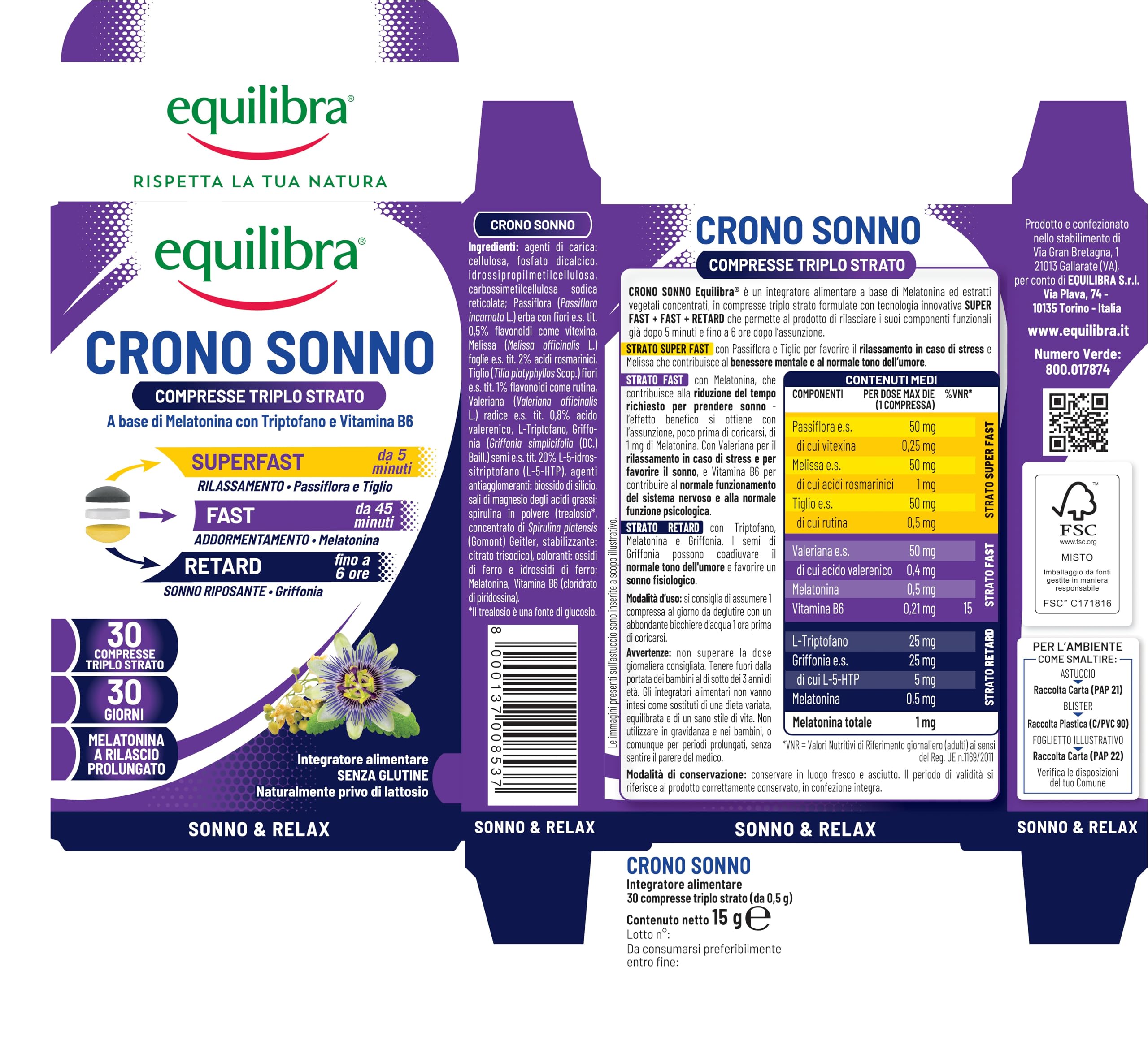 Equilibra Crono Sonno, Melatonina in Compresse Triplo Strato, Rilascio Prolungato fino a 6 ore, Rilassamento e Addormentamento, Tecnologia Super Fast + Fast + Retard, Vegan, Senza Glutine e Lattosio