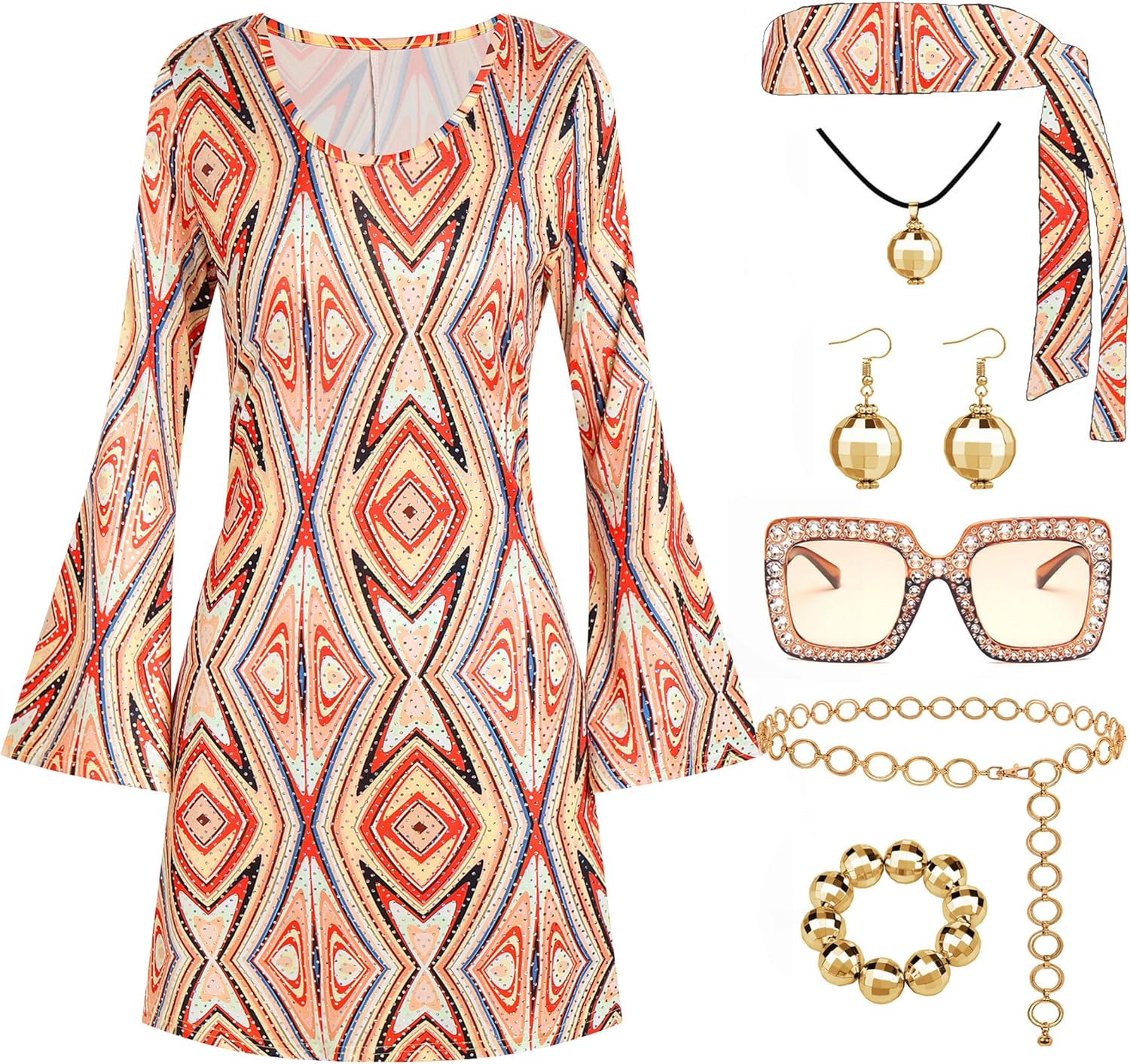 70s Disco Outfit Women, 7 PCS 70's Disco Dress Costume Hippie Clothes Accessories Jewelry Halloween