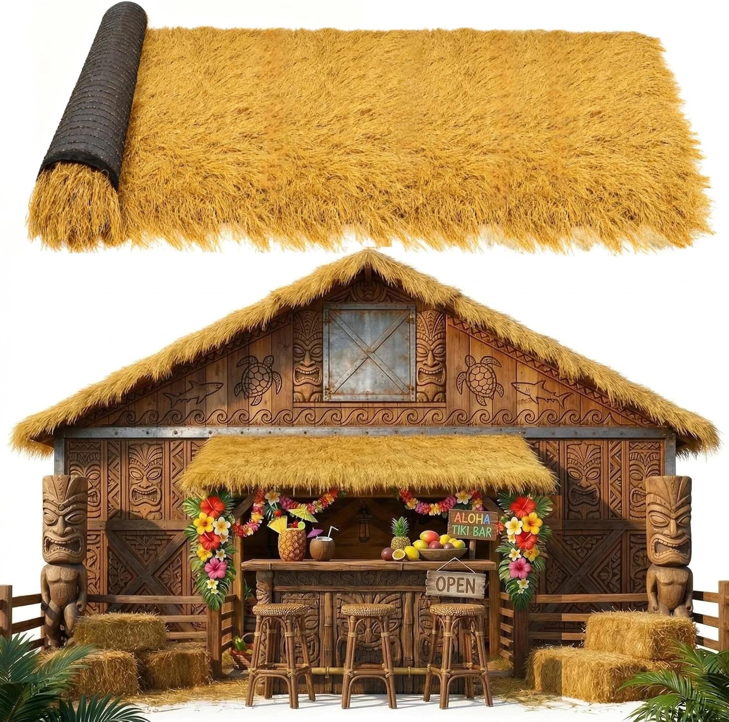 XLX TURF Artificial Thatch Roof for Tiki Bar Huts Hawaiian Cowboy Party Decorations - Fireproof Wild Mexican Style Artificial Hay Straw Roll Crafts Garden Fence Patio - 12' x 15.74" Duck Blind Grass