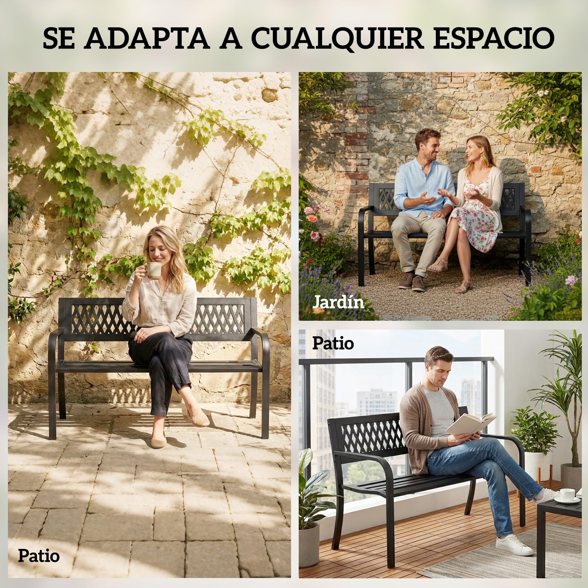 Outsunny Banco de Jardín Exterior de 2 Plazas, Banco Exterior con Asiento Listonado, Reposabrazos y Marco de Acero, para Patio, Terraza, 119x50x75 cm, Negro