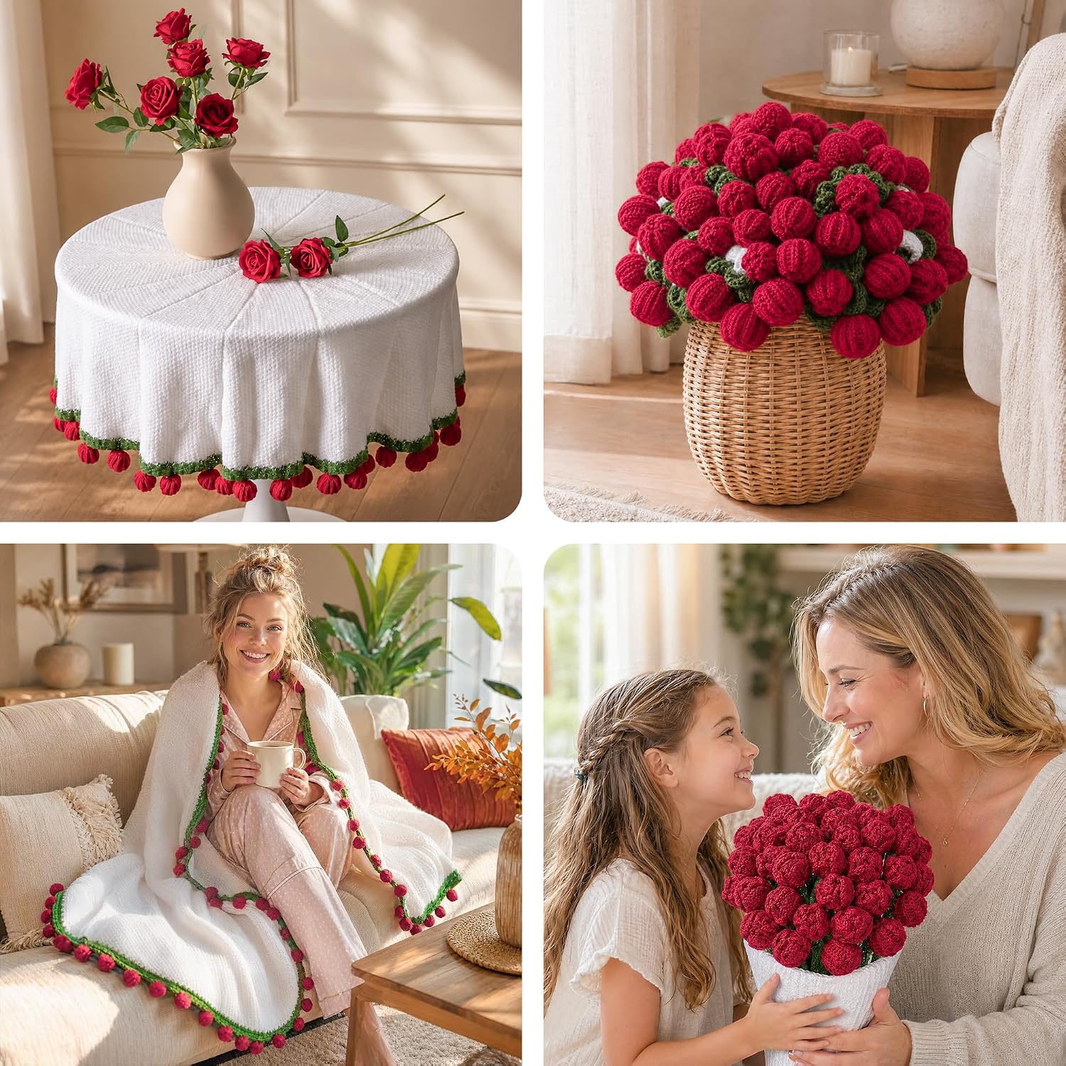 Ivydale Crochet Flower Bouquet Throw Blanket, Handmade Knitted Blanket with Rose Flowers, Cute Romantic Gift for Her Girlfriend Mom Mother’s Day Valentine Wedding Anniversary Birthday, Pink and White