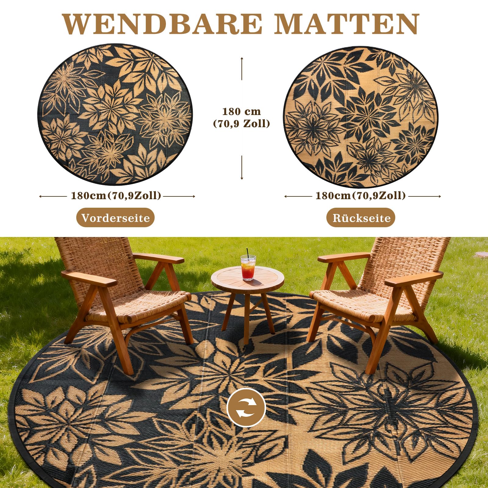 Outdoor Teppich Rund Schwarz 180 cm, Boho Wetterfest Wendbarer Outdoorteppich, Kunststoff Terrassenteppich, UV-beständige Teppich für Garten RV Camping Deck Balkon Patio Strand Picknick Schwarz