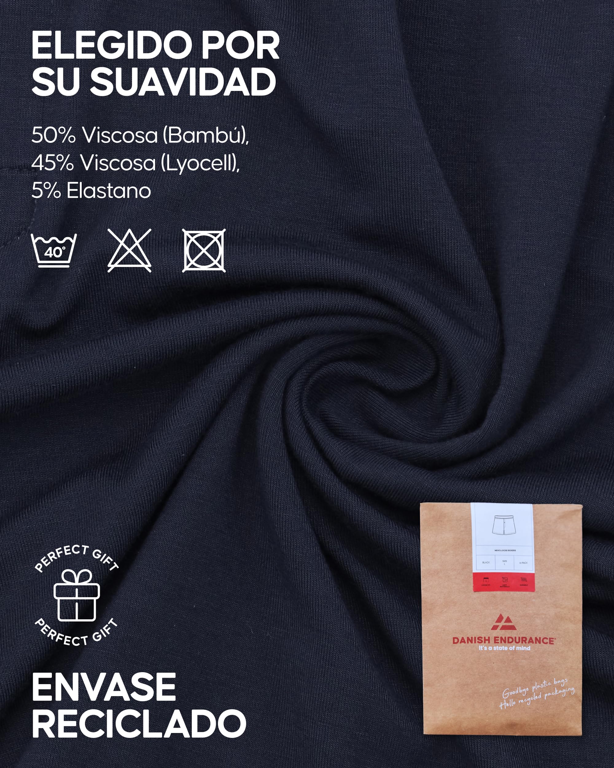 DANISH ENDURANCE Calzoncillos Hombre Boxer de Bambú, Calzoncillos Ajustados y Cómodos, Cintura Elástica, para Uso Diario, Pack de 6
