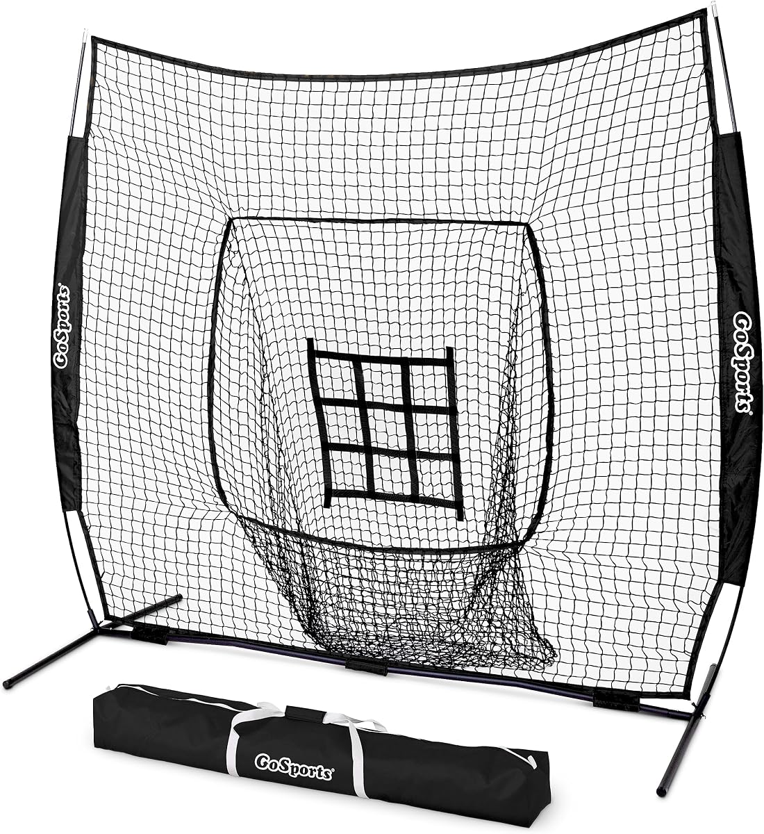 GoSports Redes de béisbol y softbol de 7 pies x 7 pies - Roja, Negra, Drip o PRO - Red de práctica para golpear y lanzar con marco tipo arco, bolsa de transporte y zona de ataque, ideal para todos los niveles de habilidad