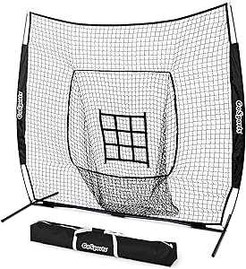 GoSports 7 ft x 7 ft Baseball & Softball Nets - Red, Black, or PRO -Practice Hitting & Pitching Net with Bow Type Frame, Carry Bag and Strike Zone, Great for All Skill Levels