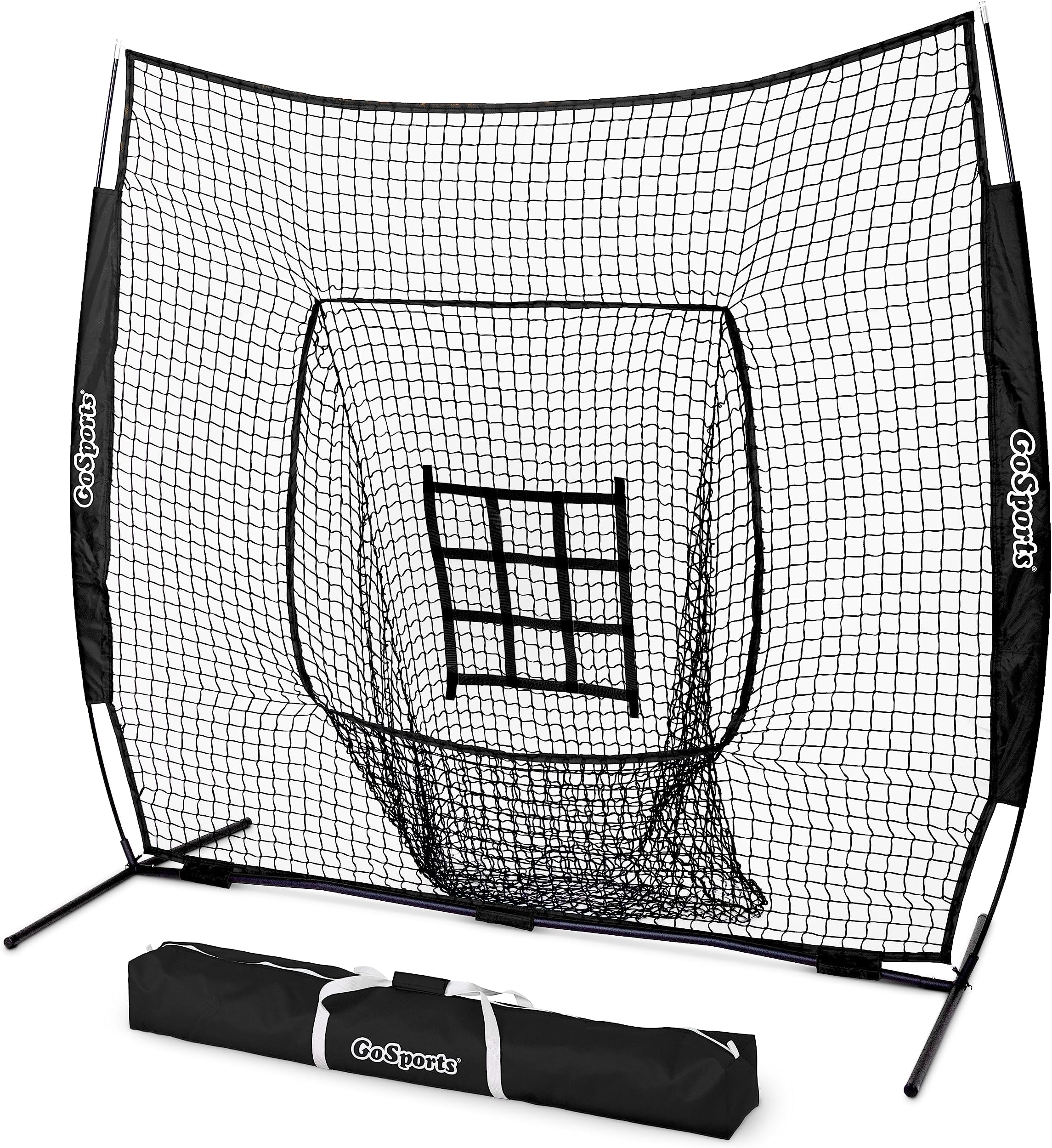 GoSports 7 ft x 7 ft Baseball & Softball Nets - Red, Black, or PRO -Practice Hitting & Pitching Net with Bow Type Frame, Carry Bag and Strike Zone, Great for All Skill Levels
