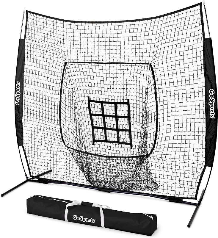 GoSports Redes de béisbol y softbol de 7 pies x 7 pies - Roja, Negra, Drip o PRO - Red de práctica para golpear y lanzar con marco tipo arco, bolsa de transporte y zona de ataque, ideal para todos los niveles de habilidad