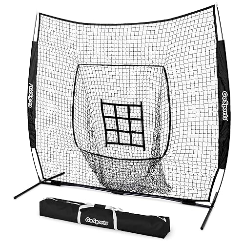 GoSports 7 ft x 7 ft Baseball & Softball Nets - Red, Black, or PRO -Practice Hitting & Pitching Net with Bow Type Frame, Carry Bag and Strike Zone, Great for All Skill Levels