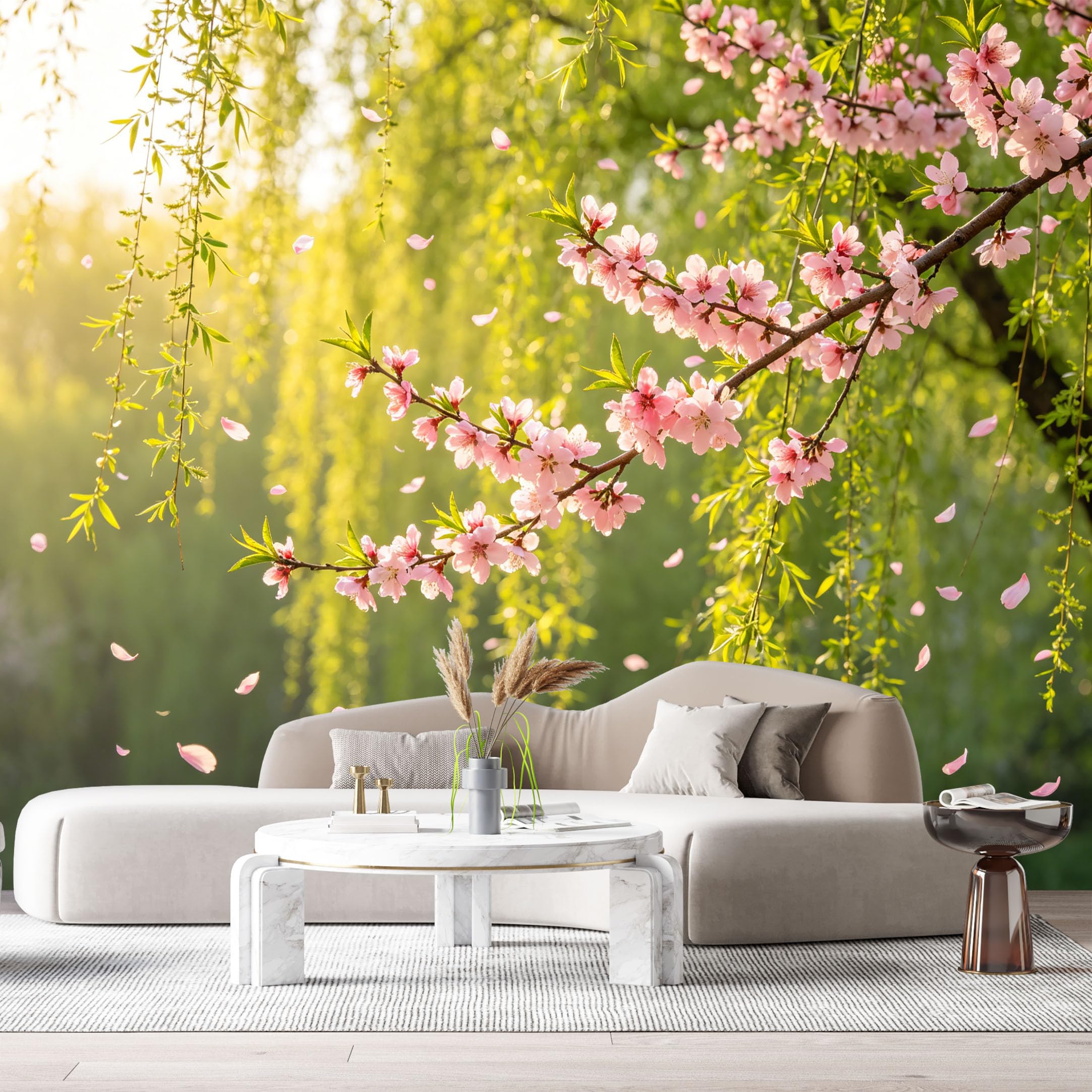 Custom Size Wall Murals Botanical Cherry Blossom Branch Spring Garden Sunlight Blooming Flowers SelfAdhesive Wall Fabric Removable Large Wallpaper for Photo Living Room