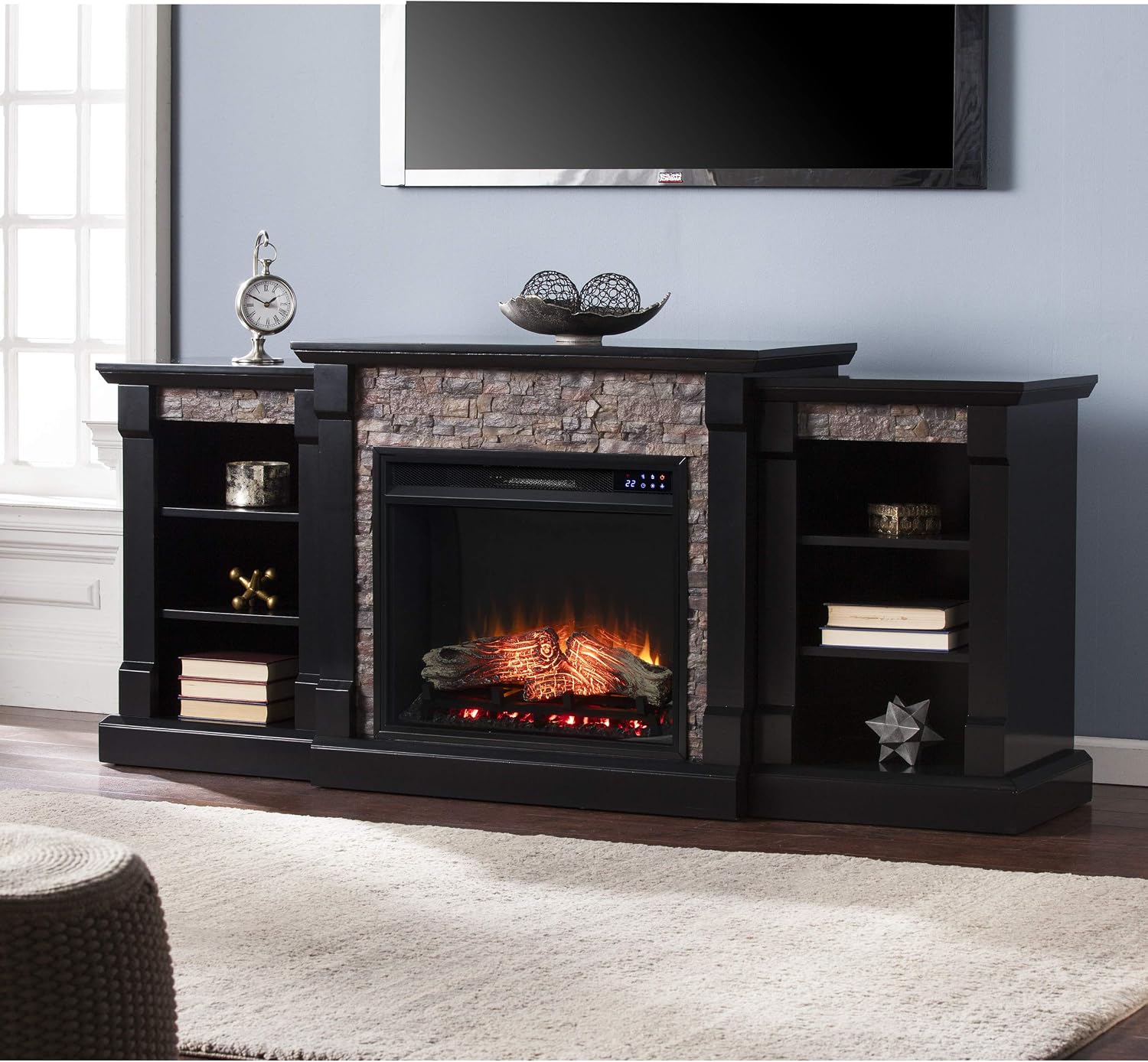 SEI Furniture Gallatin Faux Stone Electric Fireplace with Bookcases, New Satin Black