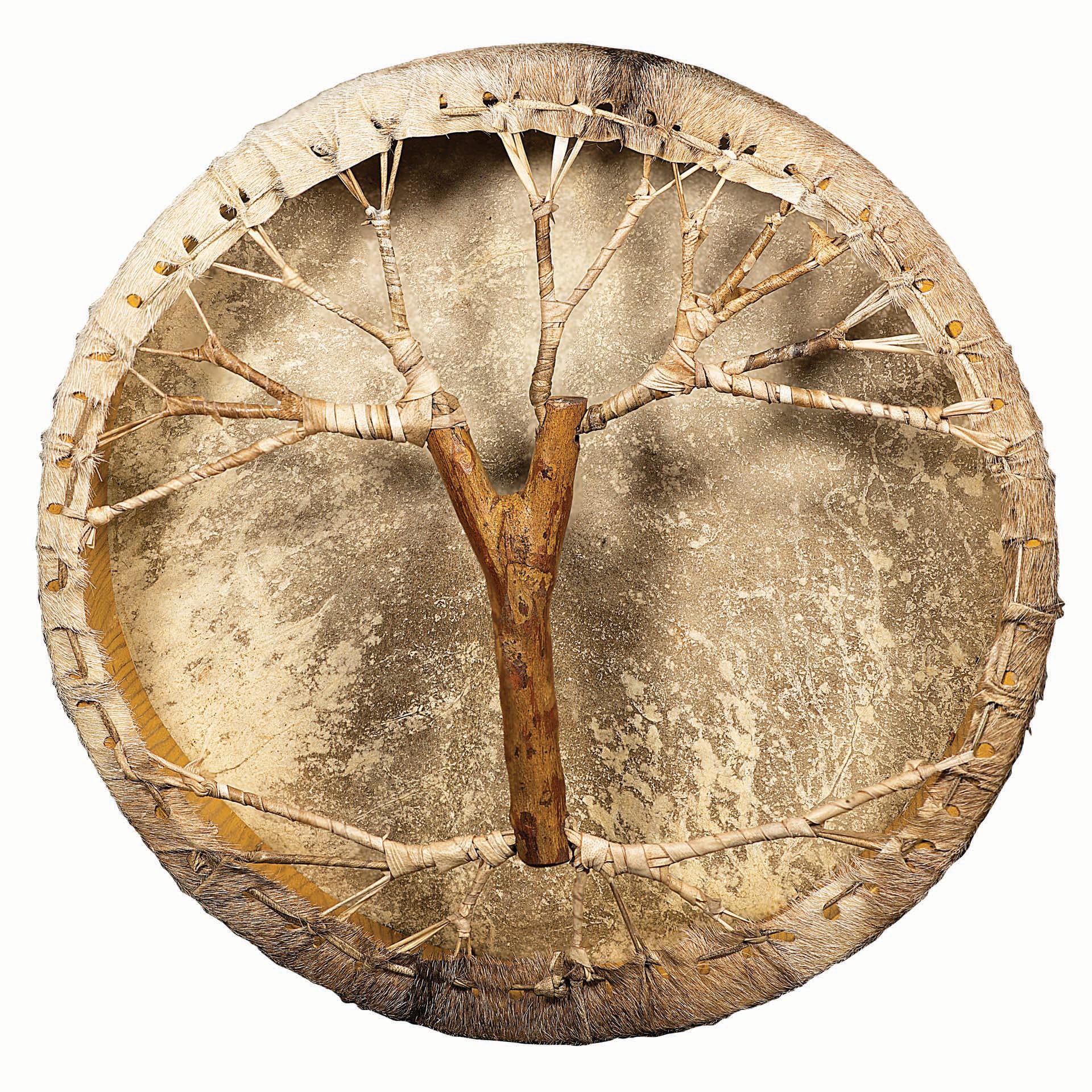 Shamanentrommel Ziegenfell Ø 40 cm mit Griff im Baum Stil Rahmentrommel im mysevendo Set Rund Shaman Drum Goat Skin inkl. Stick
