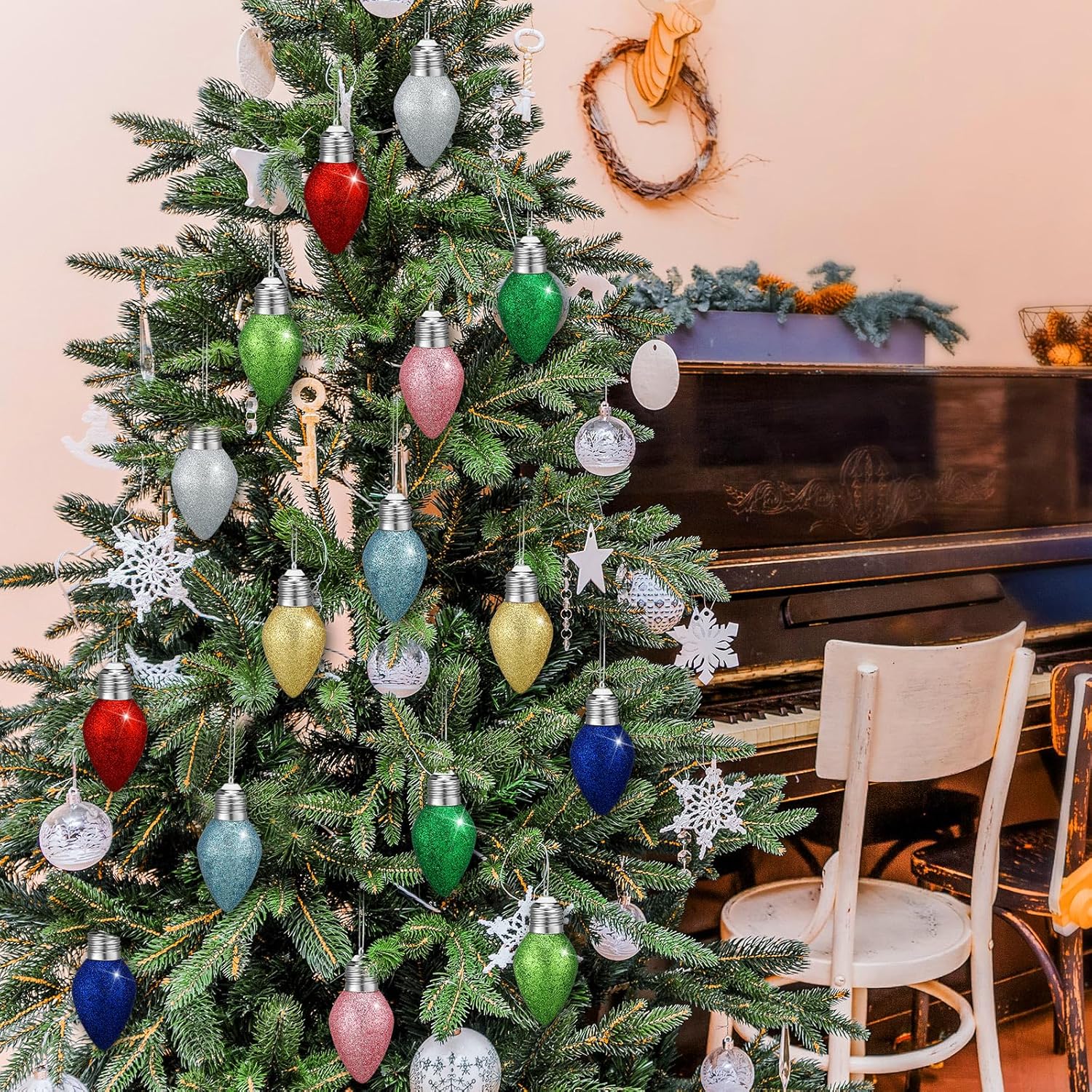 Liliful 24 Pcs Christmas Glitter Light Bulb Ornaments 1.97 x 3.15 Inch Water Resistant Plastic Flashing Christmas Ornaments for Tree Outdoor Yard Indoor Festive Bedroom Parties Decoration, 8 Colors