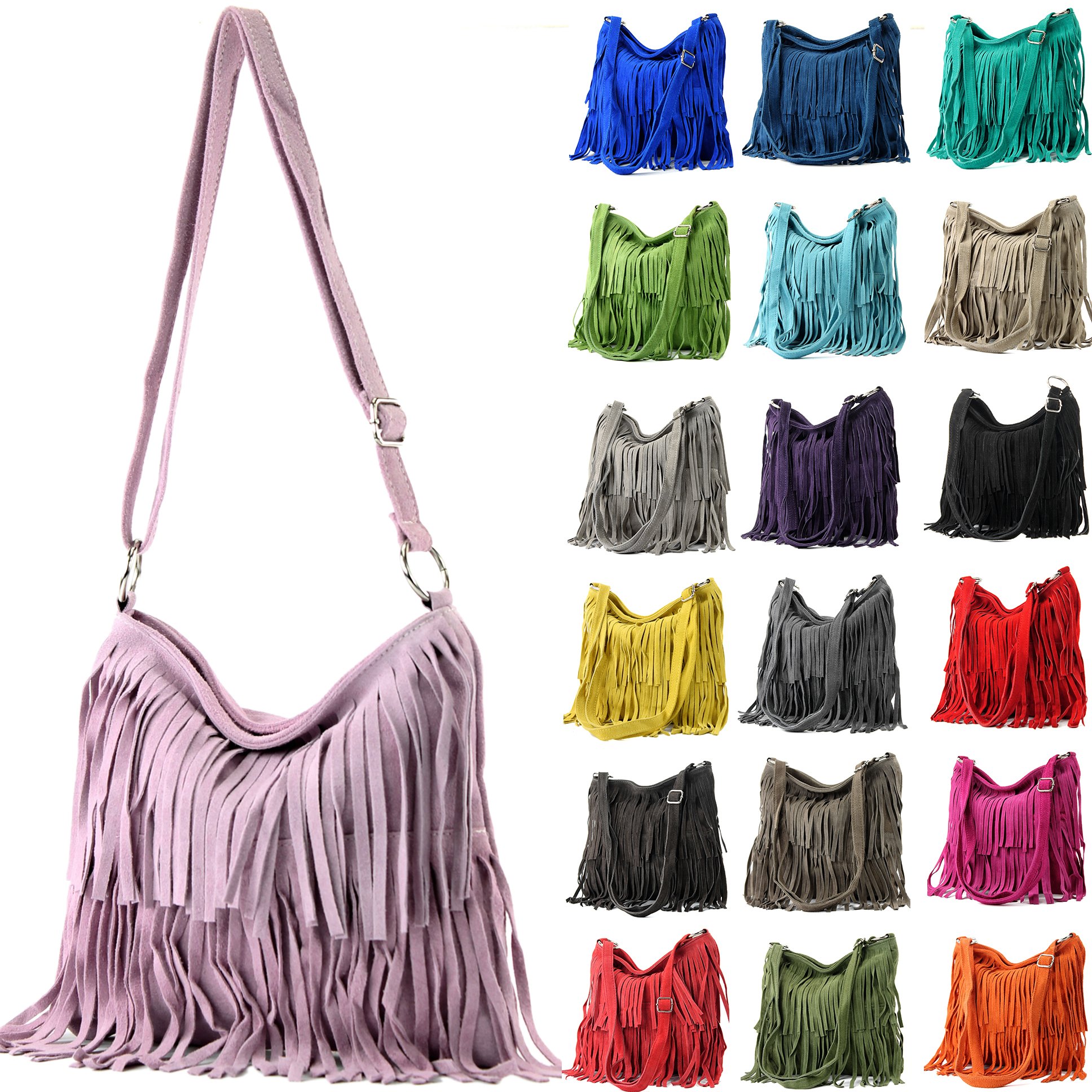 modamoda de - T125 - Borsa a tracolla con frange in pelle scamosciata, pietra, M
