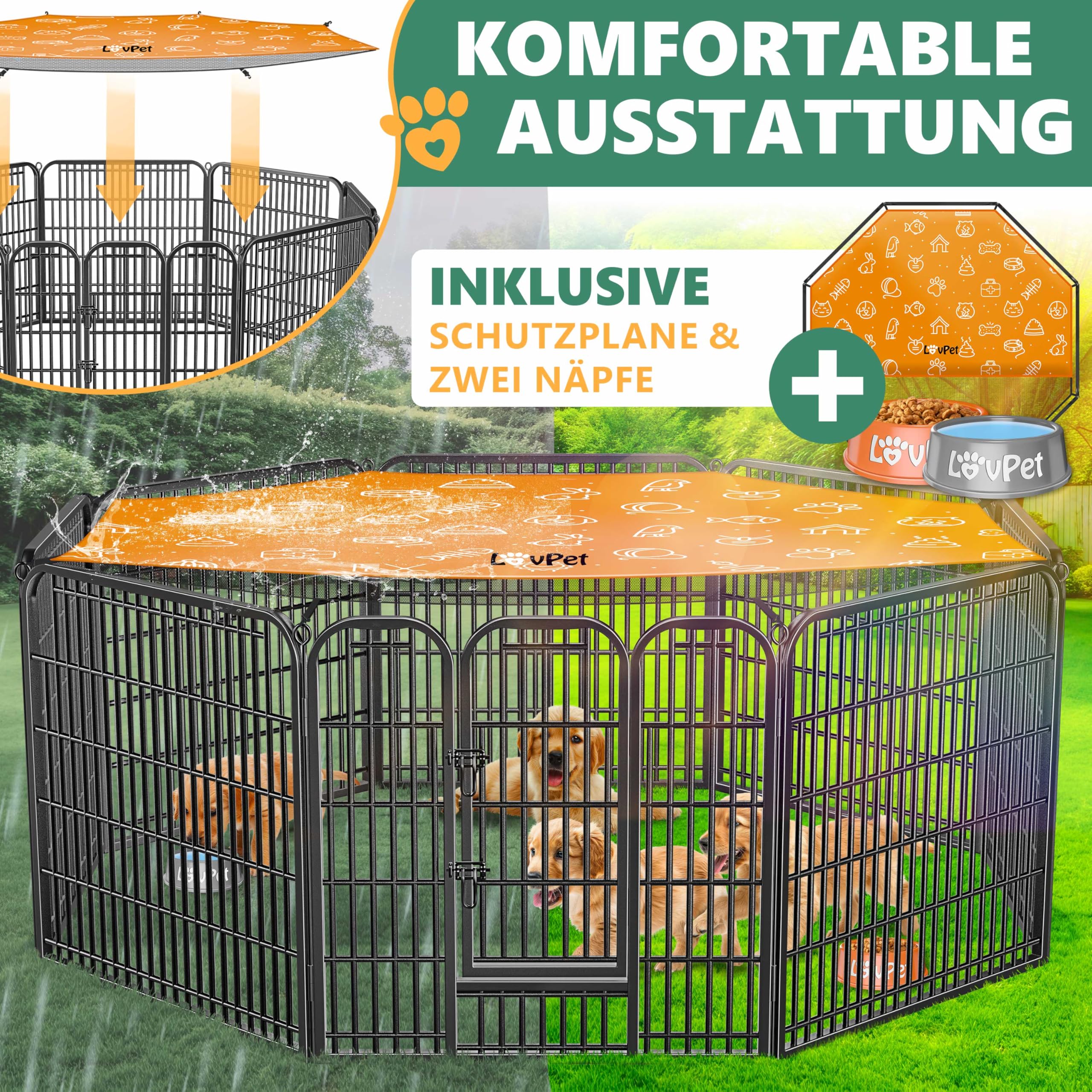 LovPet Welpenlaufstall Freilaufgehege Welpenauslauf I Hundelaufstall XXL 8 Gitter je 80x80 cm I Wetterfester Tierlaufstall mit Tür für Hund Katze Welpe Kaninchen Meerschweinchen I mit Dach & Erdankern