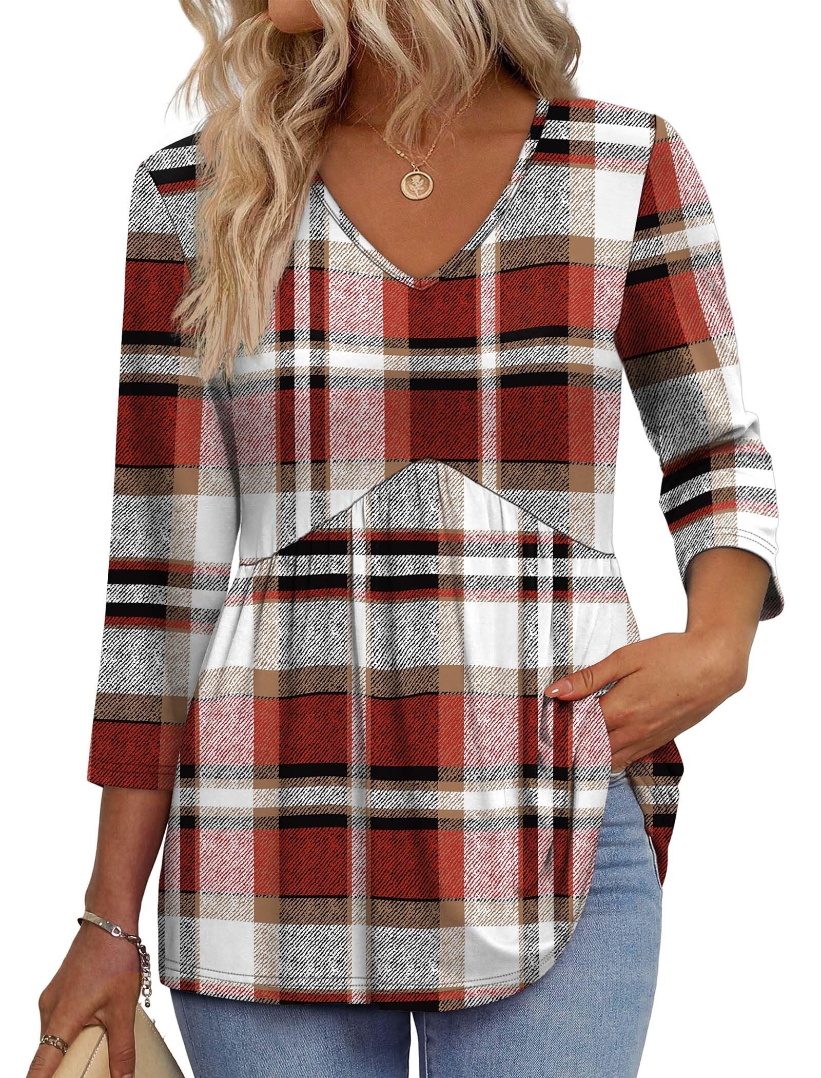OFEEFAN 3/4 Length Sleeve Womens Tops 2026 Blouses for Women Dressy Casual Fashion Clothing V Neck Babydoll Tops Fall Outfits