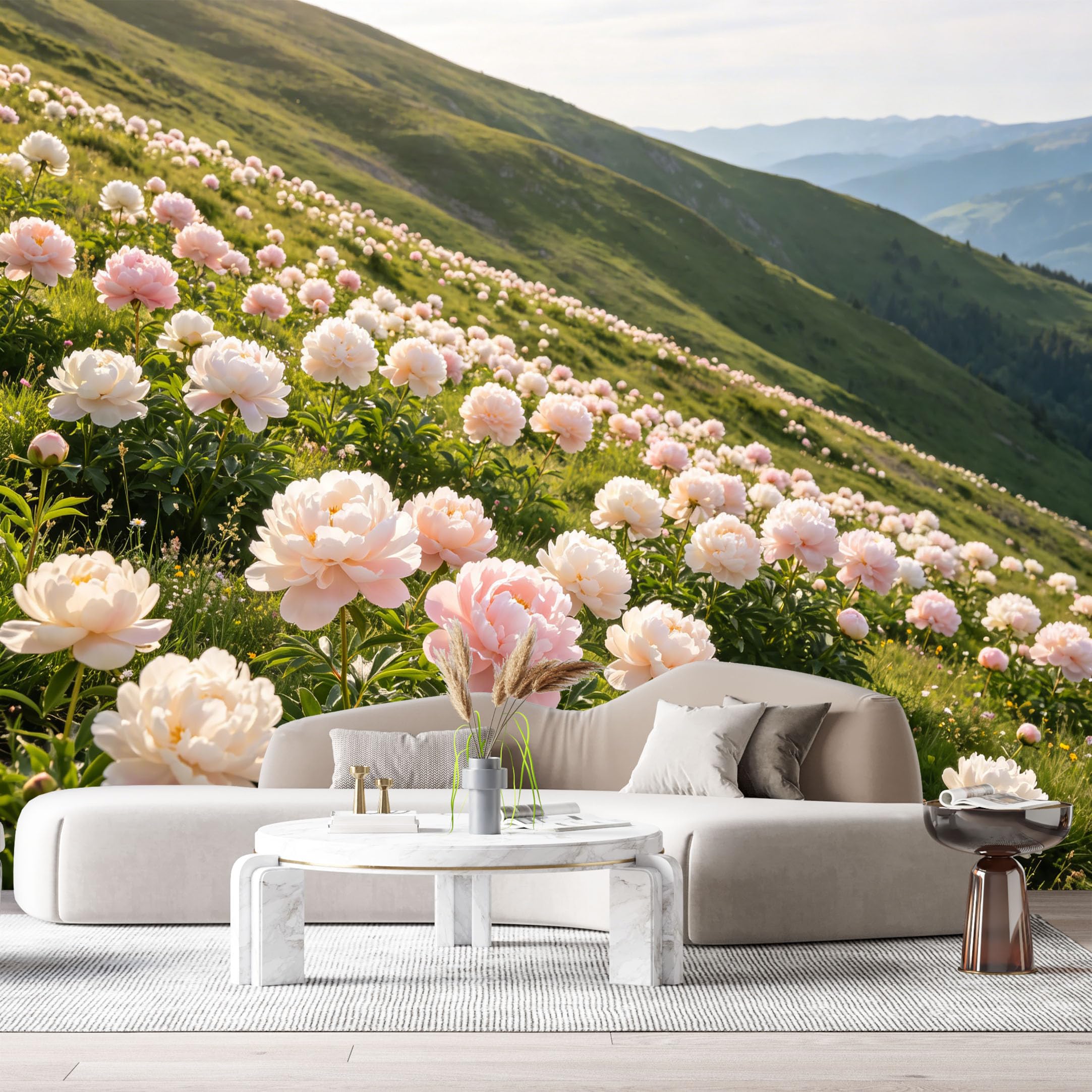 Custom Size Wall Murals Blooming Peony Field Landscape Mountain Meadow Botanical Sunlight SelfAdhesive Wall Fabric Removable Large Wallpaper for Photo Living Room
