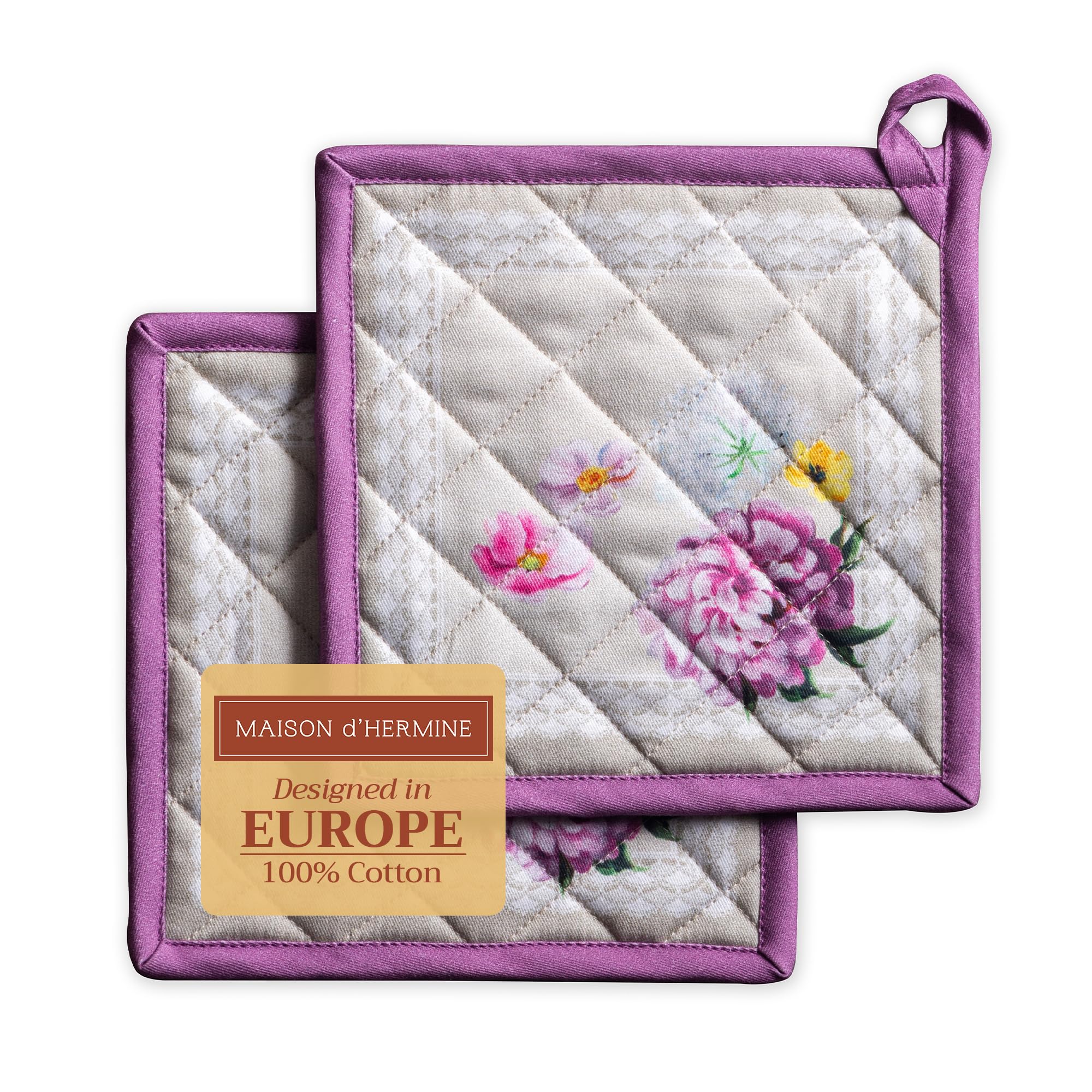 Maison D' Hermine Peony Pivoine Set Of 2 Pot Holders 100% Cotton For Barbecue, Baking, Oven, Microwave, Grilling, Spring/Summer, Easter (20 Cm X 20 Cm)