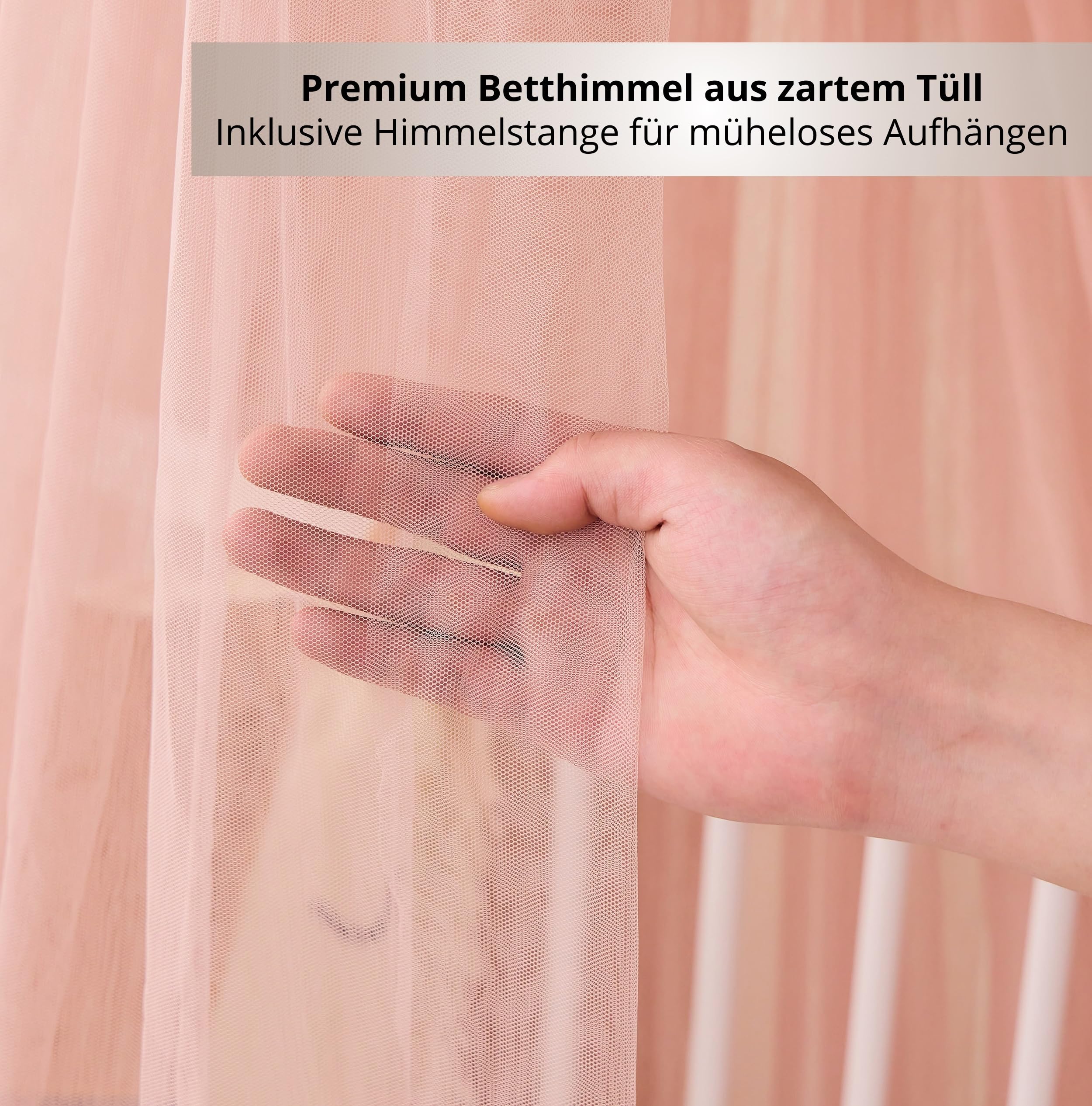 ALAVYA HOME® Beistellbett Leroy 2 in1 Babybett 6-TLG., Set Betthimmel mit 2 Bommeln + Matratze + Himmelstange aus Buchenholz (Weiß - Set mit Betthimmel Rosa)