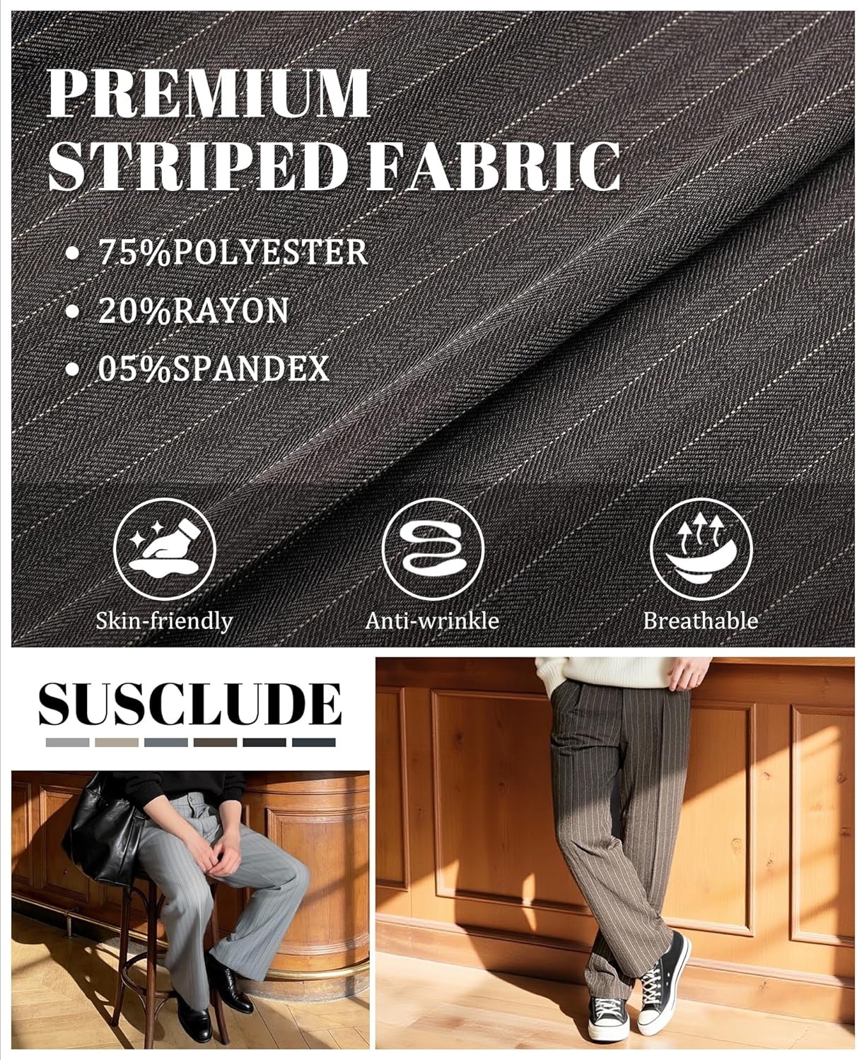 Susclude Mens Pinstripe Casual Dress Pants Old Money Wide Leg Baggy Pleated Slacks Elastic Wasist Loose Fit Work Trousers - Image 4