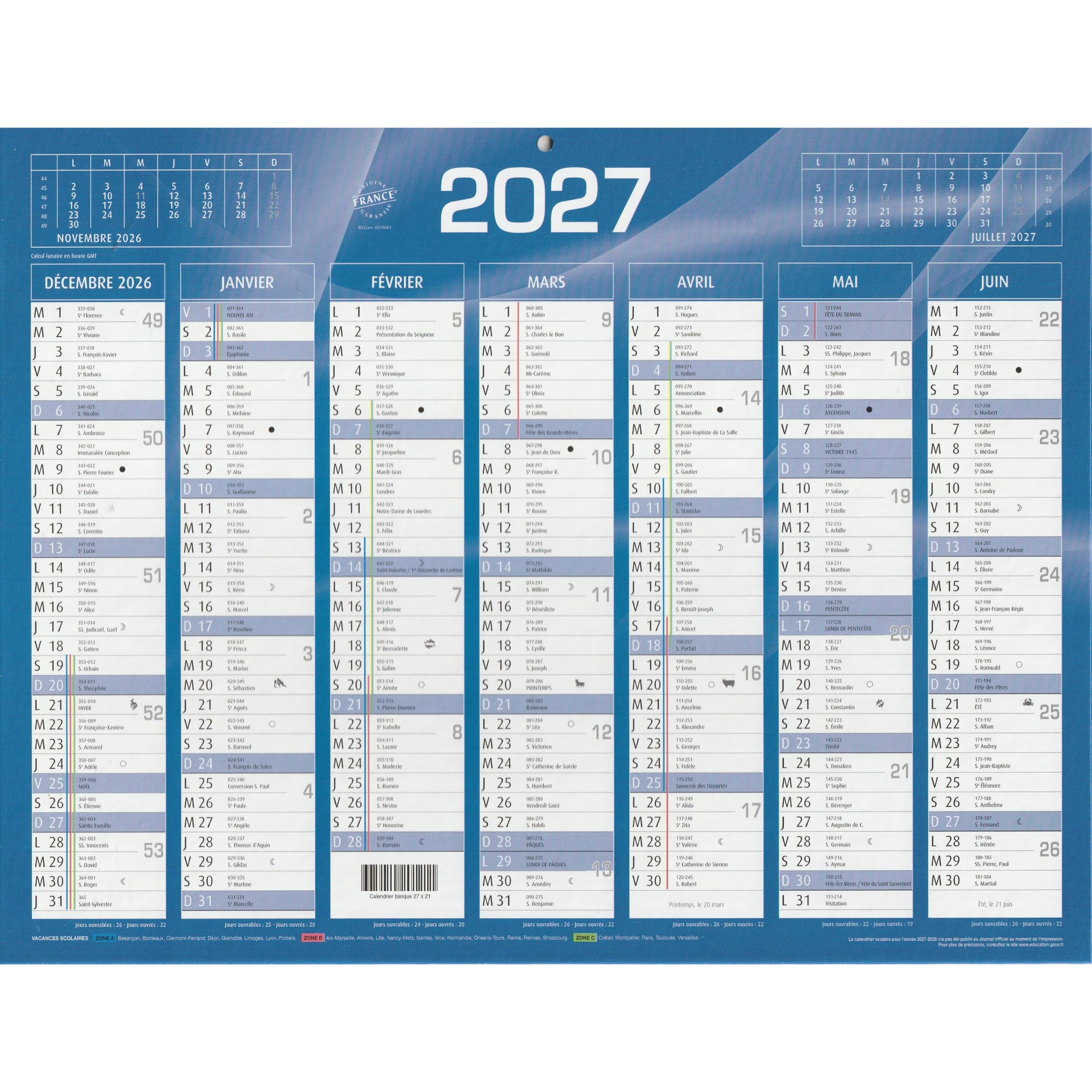 calendrier mural 2027-18 mois