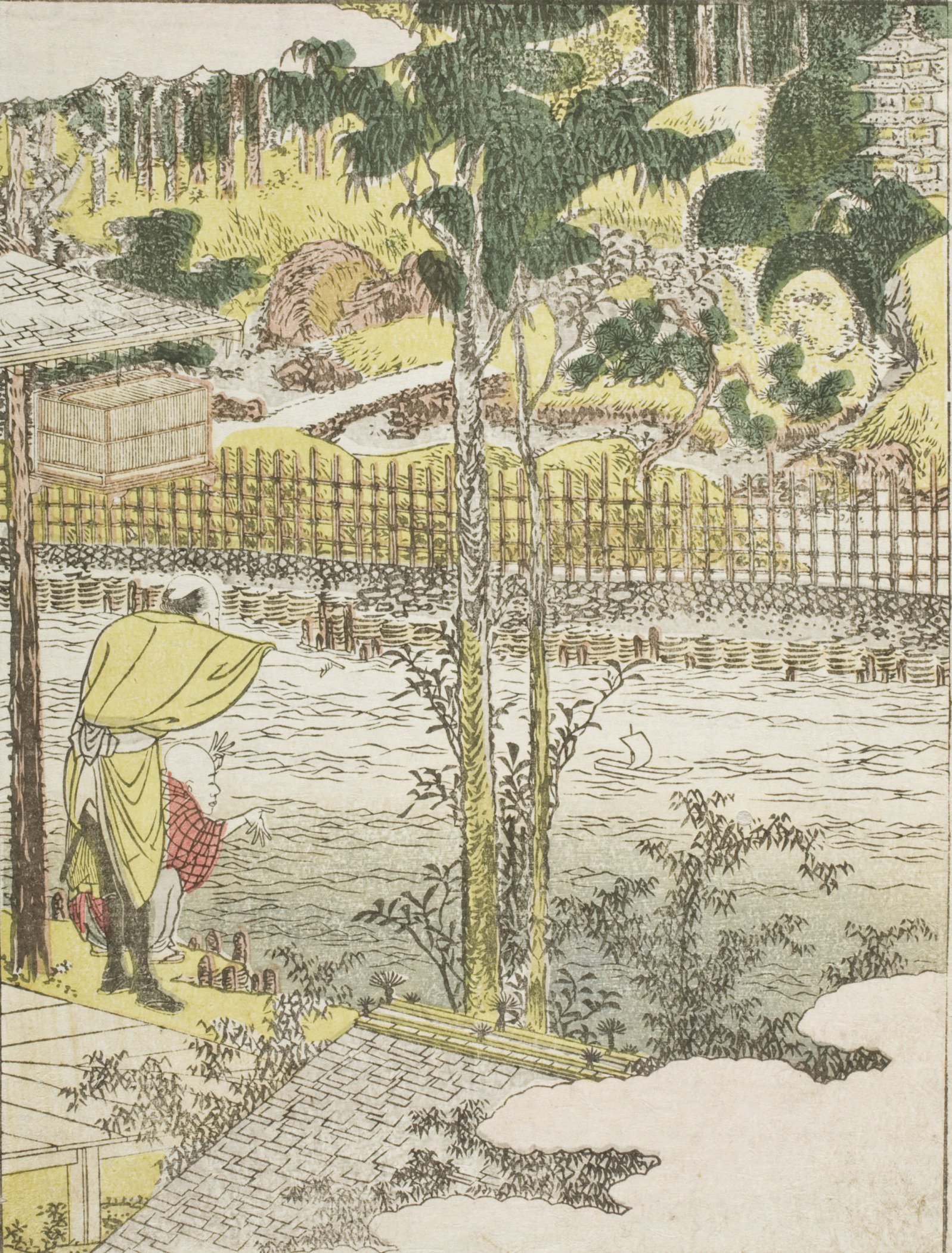 Lámina decorativa Hokusai River & Temple, póster japonés mediano mate sin enmarcar