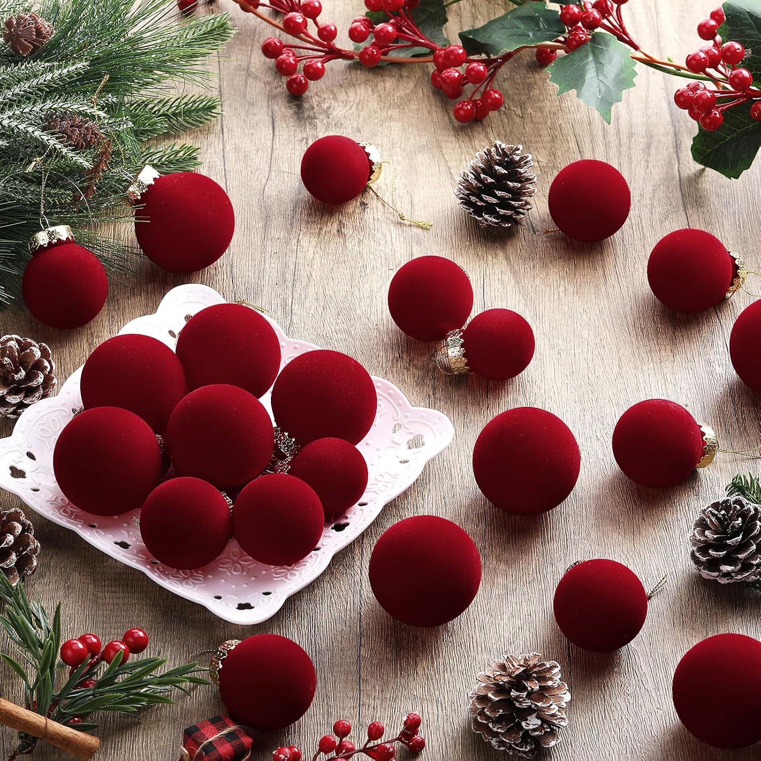 40 Pcs Burgundy Velvet Christmas Balls Flocked Christmas Tree Hanging Ornaments Neutral Shatterproof Plastic Velvet Ball for Xmas Tree Decor
