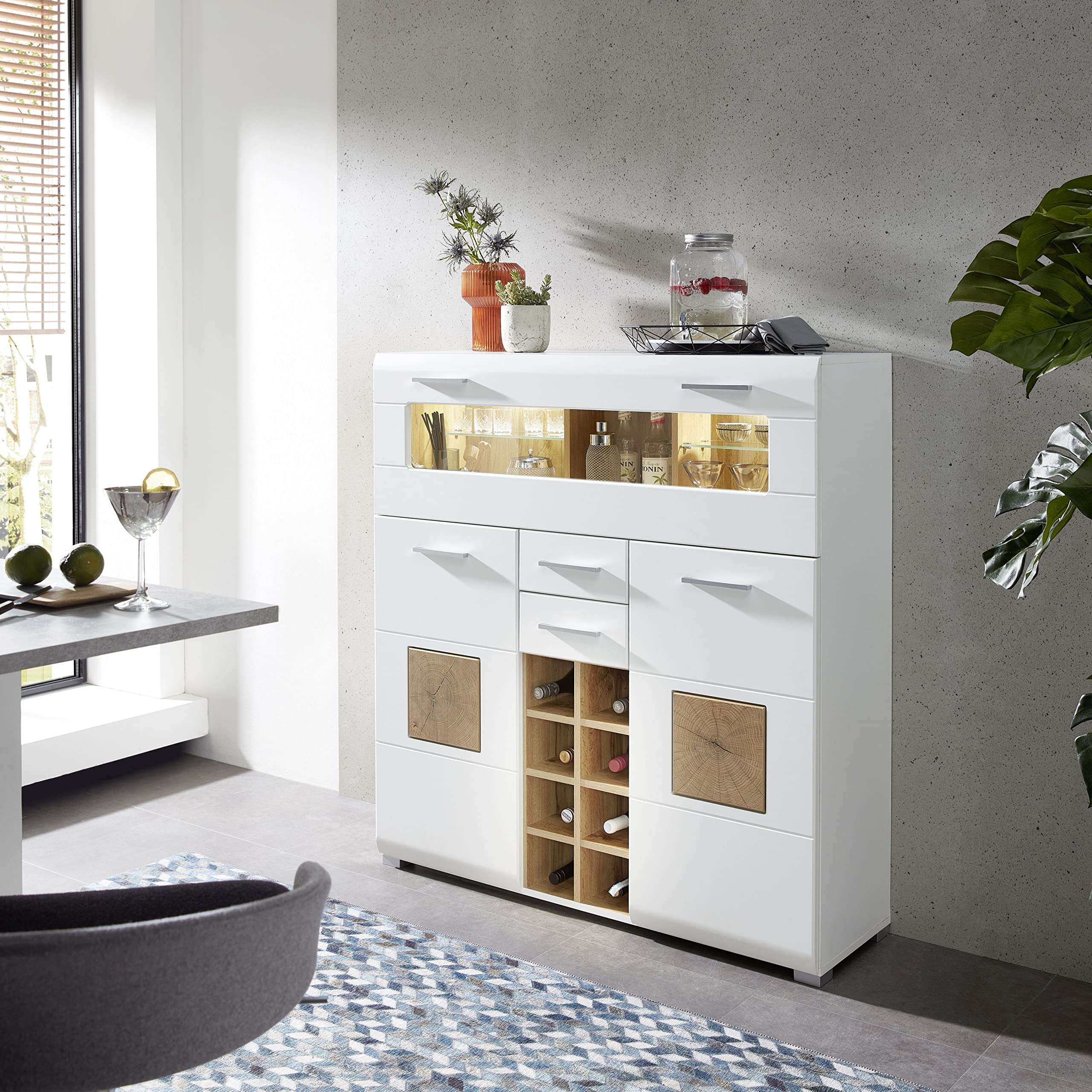 10A1WW22 Fun Plus Weiß/Eiche Altholz Nb. Barschrank Bar Kommode Theke Sideboard Getränke ca. 120 x 129 x 37 cm Küche, Haushalt & Wohnen