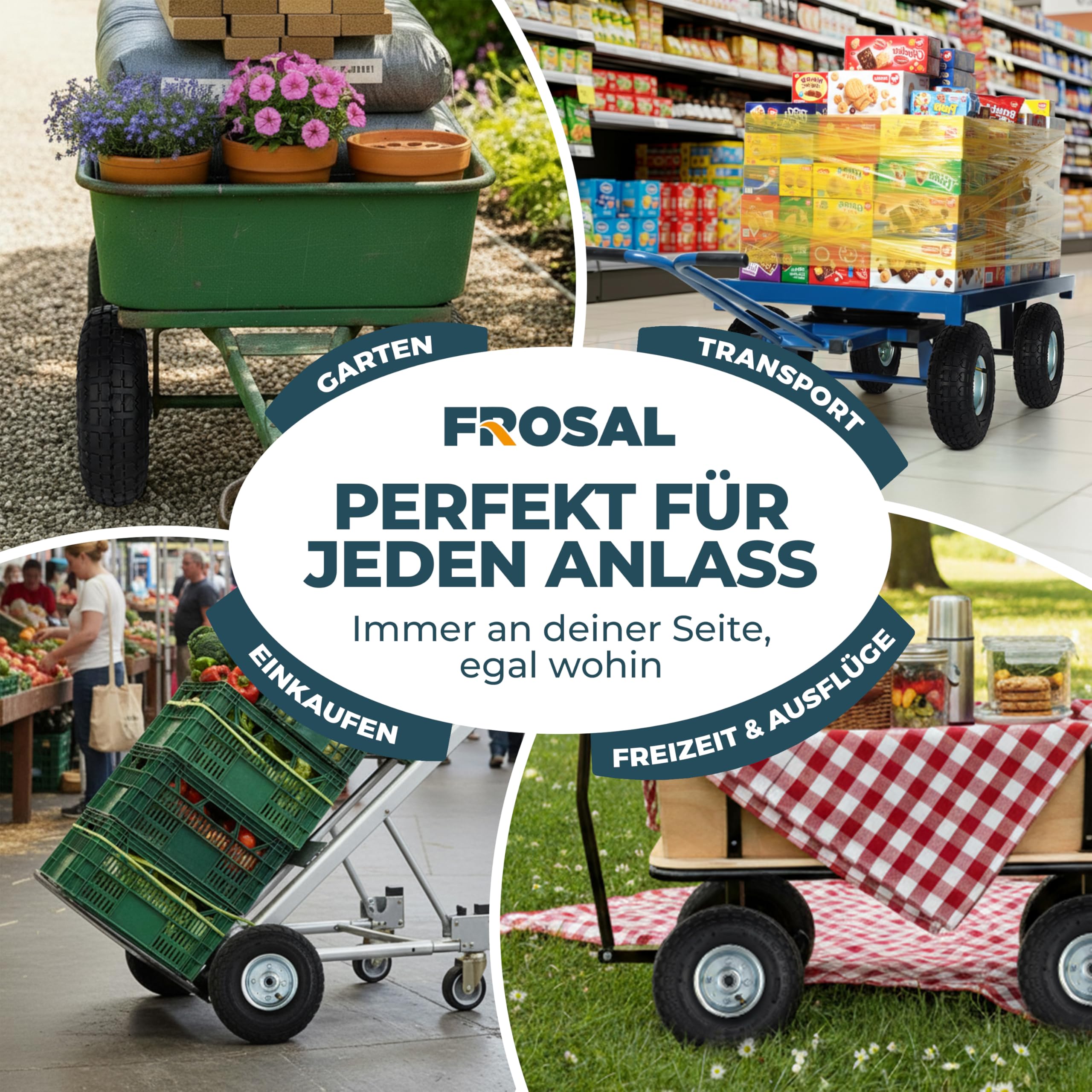 FROSAL Luftrad 260 mm 4.10/3.50-4 – Ersatzrad für Bollerwagen, Sackkarre, Transportwagen – Ø 260×85 mm – Achse Ø16 mm Nabenlänge 55 mm – Stahlfelge silber Ø120 mm – Kugellager – luftgefüllt – 2er Set