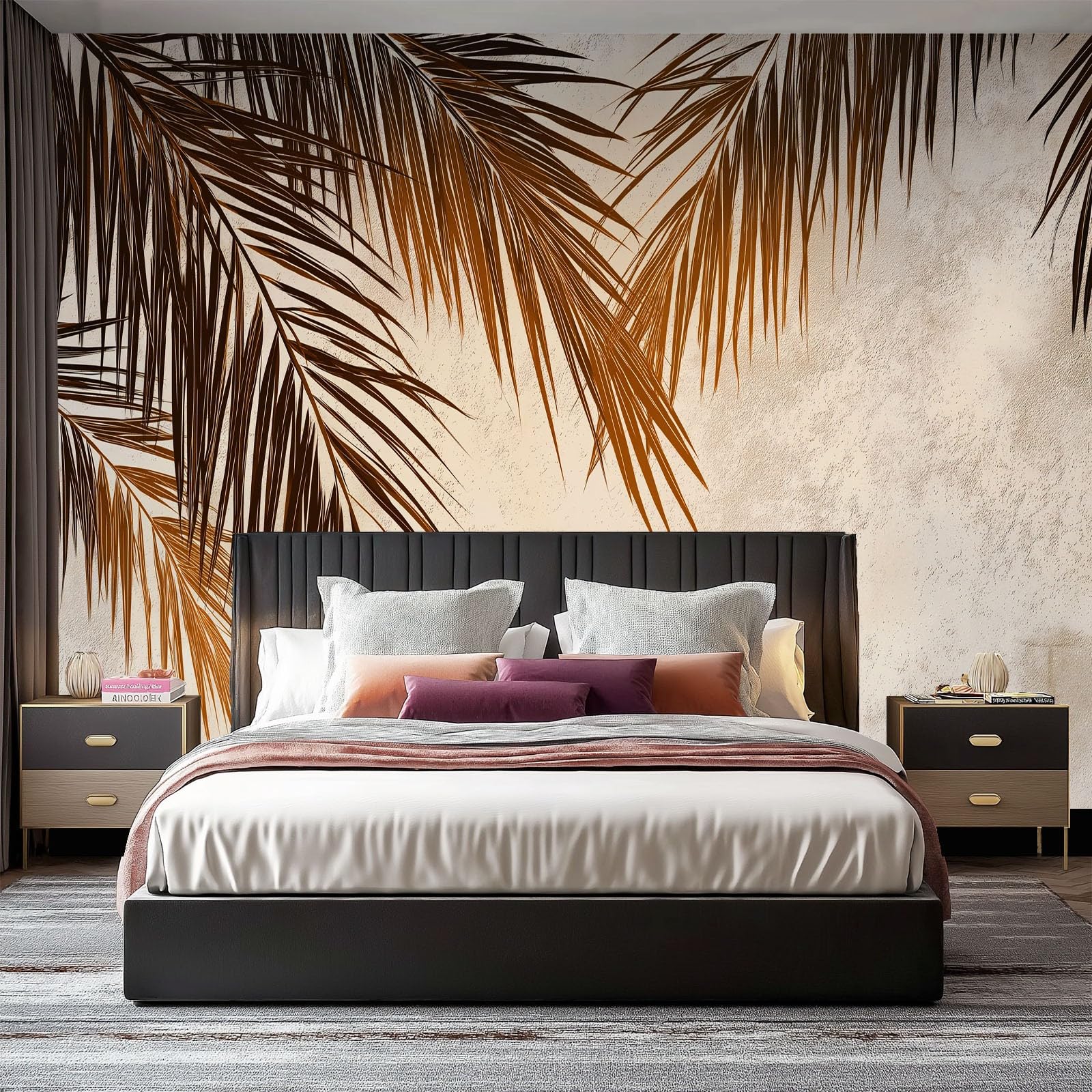 Shabby Chic Papel Pintado Mural de Pared 250 x 175 cm Decoración Moderna, Planta Palmera Hojas De Árboles Rayas Diseño de Pared para Salón Dormitorio Oficina Pasillo Póster