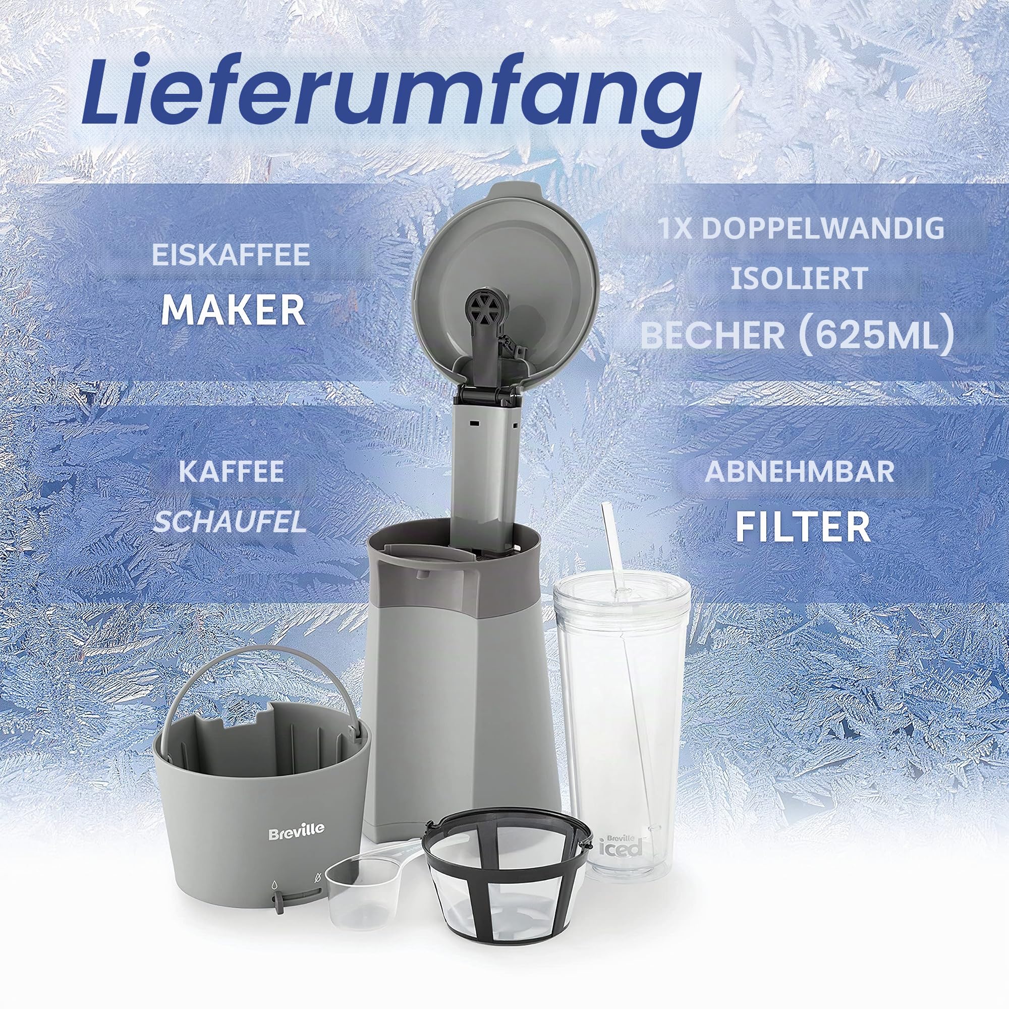 Breville Eiskaffeemaschine | Einzelportions-Eiskaffeemaschine plus Kaffeetasse mit Strohhalm | Fertig: unter 4 Minuten | Grau [VCF155]
