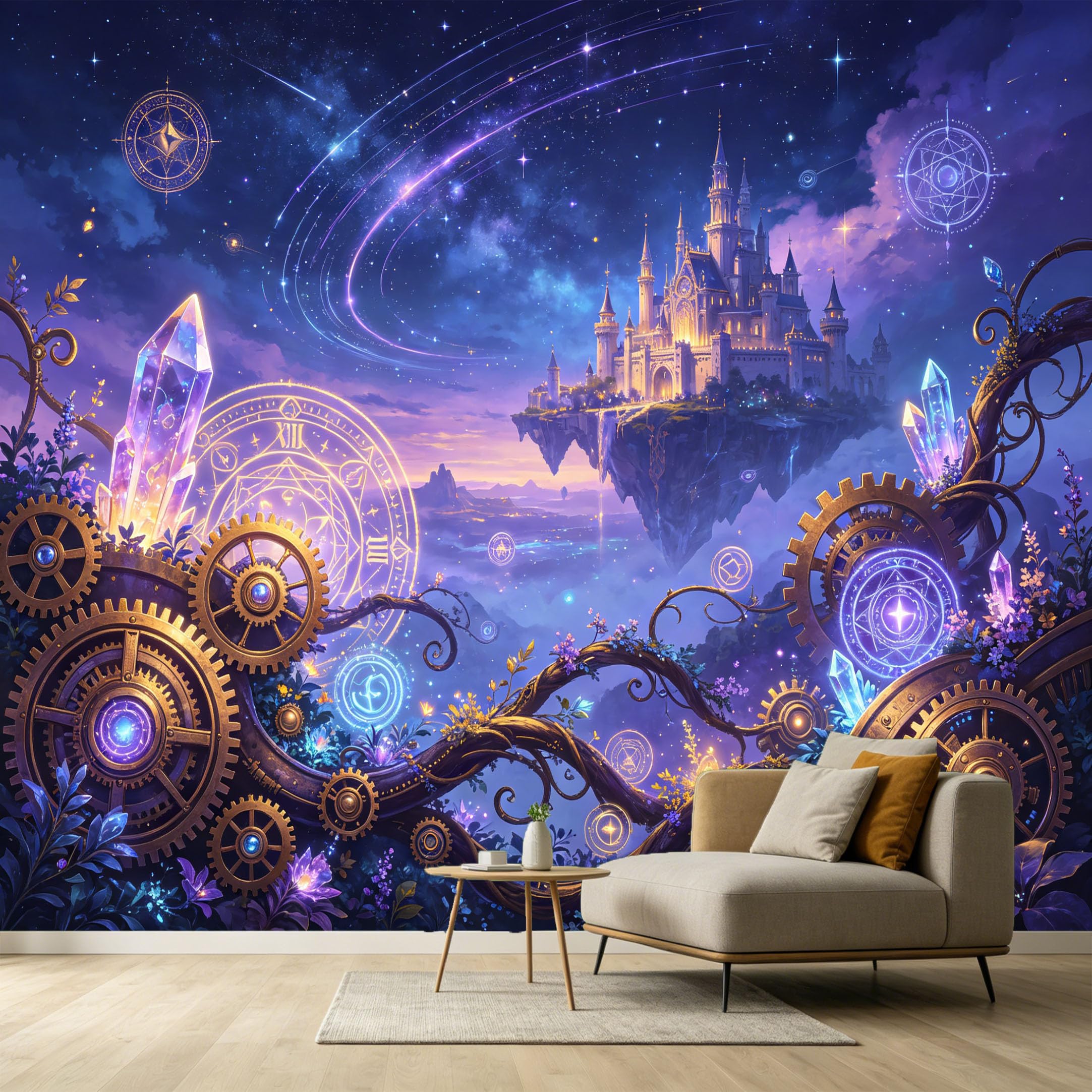 Custom Size Wall Murals Fantasy Floating Castle Celestial Gears 3D Trompe L'Oeil Abstract Contemporary Art SelfAdhesive Wall Fabric Removable Large Wallpaper for Living Room