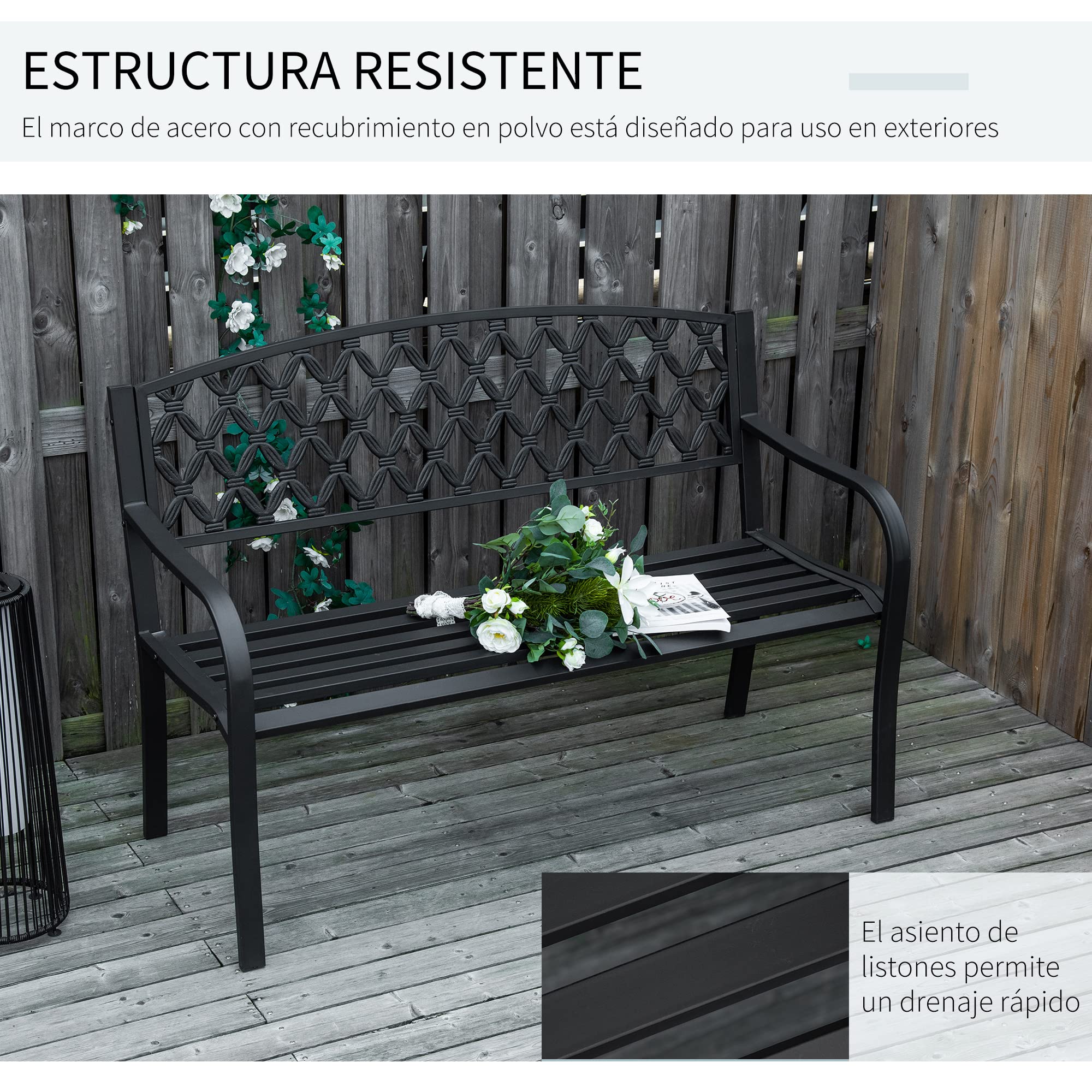 Outsunny Banco de Jardín de 2 Plazas con Respaldo 128x58,5x89 cm Negro | Decorativo y Reposabrazos, para Terraza Balcón Patio Exterior, Carga 240 kg, Hierro Fundido y Acero