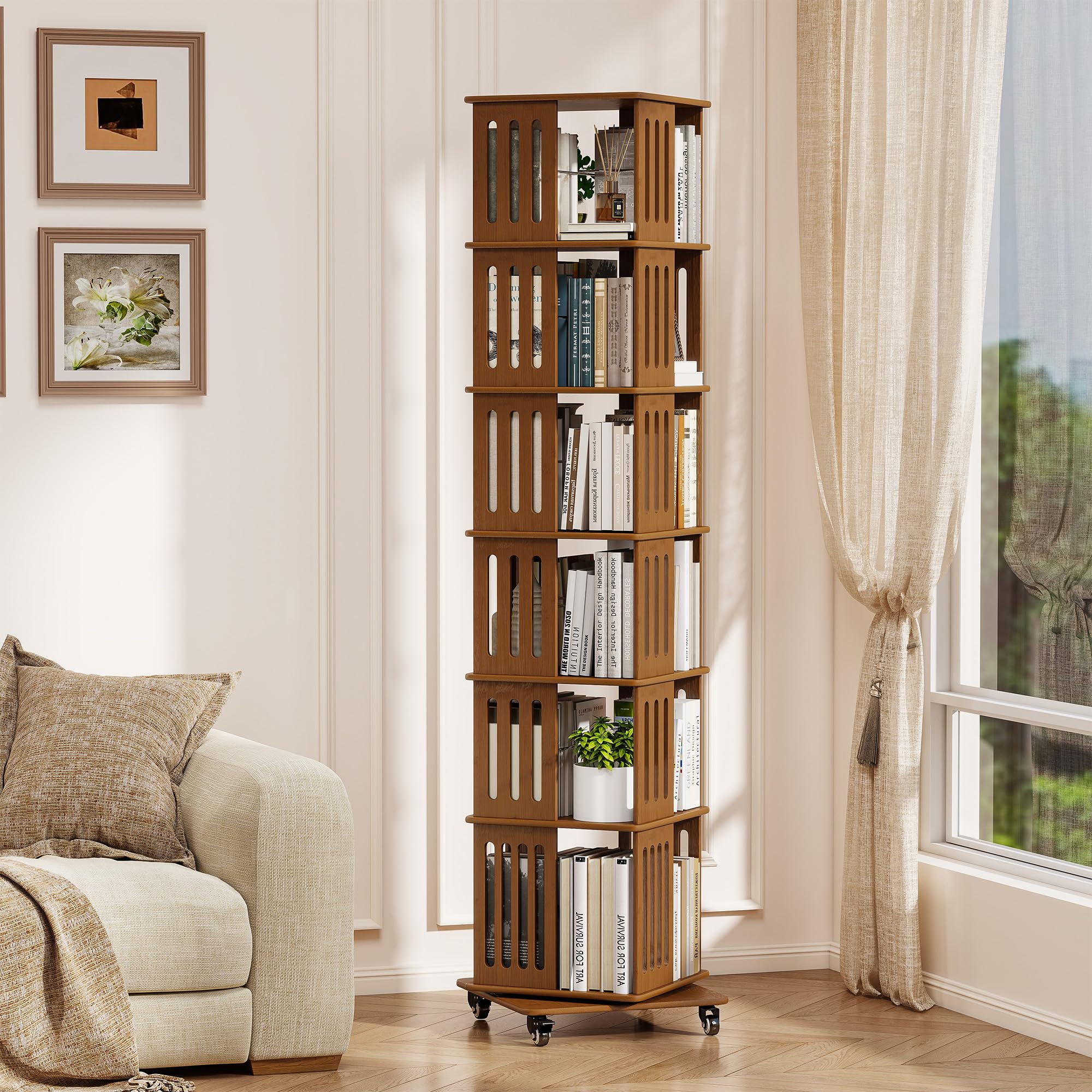 Wood Rotating Bookshelf with Lockable Wheels, 6-Tier Square Bookcase, 180cm